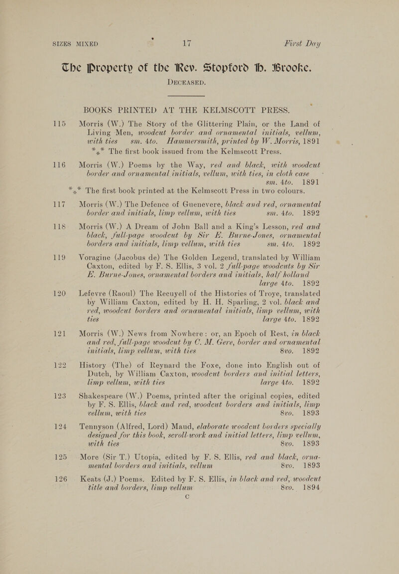 ky 115 116 Ei 13 120 P21 122 123 124 126 DECEASED. BOOKS PRINTED AT THE KELMSCOTT PRESS. Morris (W.) The Story of the Glittering Plain, or the Land of Living Men, woodcut border and ornamental initials, vellum, with ties sm. 4to. Hammersmith, printed by W. Morris, 1891 *.* The first book issued from the Kelmscott Press. Morris (W.) Poems by the Way, red and black, with woodcut border and ornamental initials, vellum, with ties, in cloth case sm. 4t0. A891 Morris (W.) The Defence of Guenevere, black and red, ornamental border and initials, limp vellum, with ties sm. 4to. 1892 Morris (W.) A Dream of John Ball and a King’s Lesson, red and black, full-page woodcut by Sir H. Burne-Jones, ornamental borders and initials, limp vellum, with ties sm. 4to. 1892 Voragine (Jacobus de) The Golden Legend, translated by William Caxton, edited by F. 8. Ellis, 3 vol. 2 full-page woodcuts by Sir HE. Burne-Jones, ornamental borders and initials, half holland large 4to. 1892 Lefevre (Raoul) The Recuyell of the Histories of Troye, translated by William Caxton, edited by H. H. Sparling, 2 vol. black and red, woodcut borders and ornamental initials, limp vellum, with ties large 4to. 1892 Morris (W.) News from Nowhere: or, an Epoch of Rest, 7m black and red, full-page woodcut by C. M. Gere, border and ornamental initials, limp vellum, with ties 8vo. 1892 History (The) of Reynard the Foxe, done into English out of Dutch, by William Caxton, woodcut borders and initial letters, limp vellum, with ties large 4to. 1892 Shakespeare (W.) Poems, printed after the original copies, edited by F.S. Ellis, black and red, woodcut borders and initials, limp vellum, with tres 8v0o. 1893 Tennyson (Alfred, Lord) Maud, elaborate woodcut borders specially designed for this book, scroll-work and initial letters, imp vellum, with ties 8vo. 1893 More (Sir T.) Utopia, edited by F. S. Ellis, xed and black, orna- mental borders and initials, vellum 8vo. 1893 title and borders, limp vellum 1 8v0. 1894 C