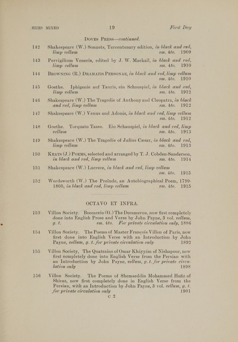 SIZES 147 148 149 150 153 156 Doves PRESS—continued. Shakespeare (W.) Sonnets, Tercentenary edition, 72 black and red, limp vellum sm. 4to. 1909 Pervigilium Veneris, edited by J. W. Mackail, in black and red, limp vellum sm. 4to. 1910 BROWNING (R.) DRAMATIS PERSONAE, 77 black and red, limp vellum sm. 4to. 4910 Goethe. Iphigenie auf Tanris, ein Schauspiel, 7x black and red, limp vellum sm. 4to. 1912 Shakespeare (W.) The Tragedie of Anthony and Cleopatra, in black and red, limp vellum sm. 4to. 1912 Shakespeare (W.) Venus and Adonis, iz black and red, limp vellum sm. 4to. 1912 Goethe. Torquato Tasso. Ein Schauspiel, 7x black and red, limp vellum sm. 4to. 1913 Shakespeare (W.) The Tragedie of Julius Cesar, in black and red, limp vellum sm. 4to. 1913 Keats (J.) Pores, selected and arranged by T. J. Cobden-Sanderson, in black and red, limp vellum sm. 4to. 1914 Shakespeare (W.) Lucrece, 22 black and red, limp vellum sm. 4to.- A915 Wordsworth (W.) The Prelude, an Autobiographical Poem, 1799- 1805, tn black and red, limp vellum sm. 4to0; 1915 OCTAVO ET INFRA. Villon Society. Boceaccio (G.) The Decameron, now first completely done into English Prose and Verse by John Payne, 3 vol. vellum, Ont. sm. 4to. Kor private circulation only, 1886 Villon Society. ‘The Poems of Master Francois Villon of Paris, now first done into Knglish Verse with an Introduction by John Payne, vellum, g. t. for private circulation only 1892 Villon Society, The Quatrains of Omar Khayyam of Nishapour, now first completely done into English Verse from the Persian with an Introduction by John Payne, vellum, g.t. for private circu- lation only 1898 Villon Society. The Poems of Shemseddin Mohammed Hatiz of Shiraz, now first completely done in English Verse from the Persian, with an Introduction by John Payne, 3 vol. vellum, g. t. Jor private circulation only 1901 oles