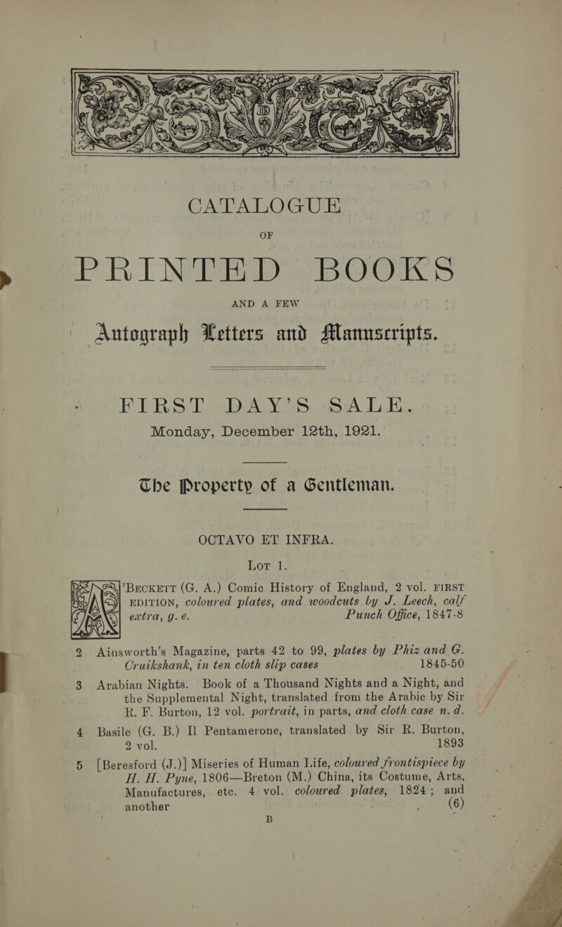  PRINTED BOOKS AND A FEW Autograph Letters and Manuscripts.   BERS Ei A Mees, (5 A0L,,5:.. Monday, December 12th, 1921. The Property of a Gentleman.  OCTAVO ET INFRA. Lop): Beckett (G. A.) Comic History of England, 2 vol. FIRST EDITION, coloured plates, and woodcuts by J. Leech, calf extra, g. é. Punch Office, 1847-8  29 Ainsworth’s Magazine, parts 42 to 99, plates by Phiz and G. Cruikshank, in ten cloth slip cases 1845-50 . 3 Arabian Nights. Book of a Thousand Nights and a Night, and the Supplemental Night, translated from the Arabic by Sir k. F. Burton, 12 vol. portratt, in parts, and cloth case n.d. 4 Basile (G. B.) Il Pentamerone, translated by Sir R. Burton, 2 vol. 1893 5 [Beresford (J.)] Miseries of Human Life, coloured frontispiece by © . H. H. Pyne, 1806—Breton (M.) China, its Costume, Arts, Manufactures, etc. 4 vol. coloured plates, 1824; and another (6) 2 : 