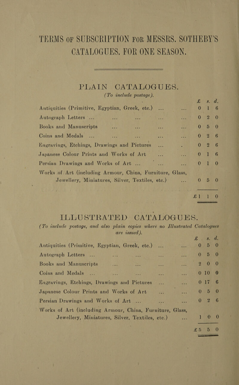 TERMS of SUBSCRIPTION FoR MESSRS, SOTHEBY'S CATALOGUES, FOR ONE SEASON.   PLAIN CATALOGUES. (T'o include postage ). Bere fee Antiquities (Primitive, Egyptian, Greek, etc.) O\saeG Autograph Letters O (ea Books and Manuscripts 0 aie G Coins and Medals 02a G Kngravings, Etchings, Drawings and Pictures 02a 8 Japanese Colour Prints and Works of Art nen, Persian Drawings and Works of Art ... fas mf Ore ee Works of. Art (including Armour, China, Furniture, Glass, Jewellery, Miniatures, Silver, Textiles, etc.) ay 0) ae Brak kt) ILLUSTRATED CATALOGUES. (To include postage, and also plain copies where no Illustrated Catalogues are wssued ). £ . Vena Antiquities (Primitive, Egyptian, Greek, etc.) Q. Ar Autograph Letters ... nile yey ae en 0: baat Books and Manuscripts 9 Ae Coins and Medals 010 0 Engravings, Etchings, Drawings and Pictures... zat Oa 7a Japanese Colour Prints and Works of Art Or aneD Persian Drawings and Works of Art ae sae Works of Art (including Armour, China, Furniture, Glass, Jewellery, Miniatures, Silver, Textiles, etc.) is Lea £ ae