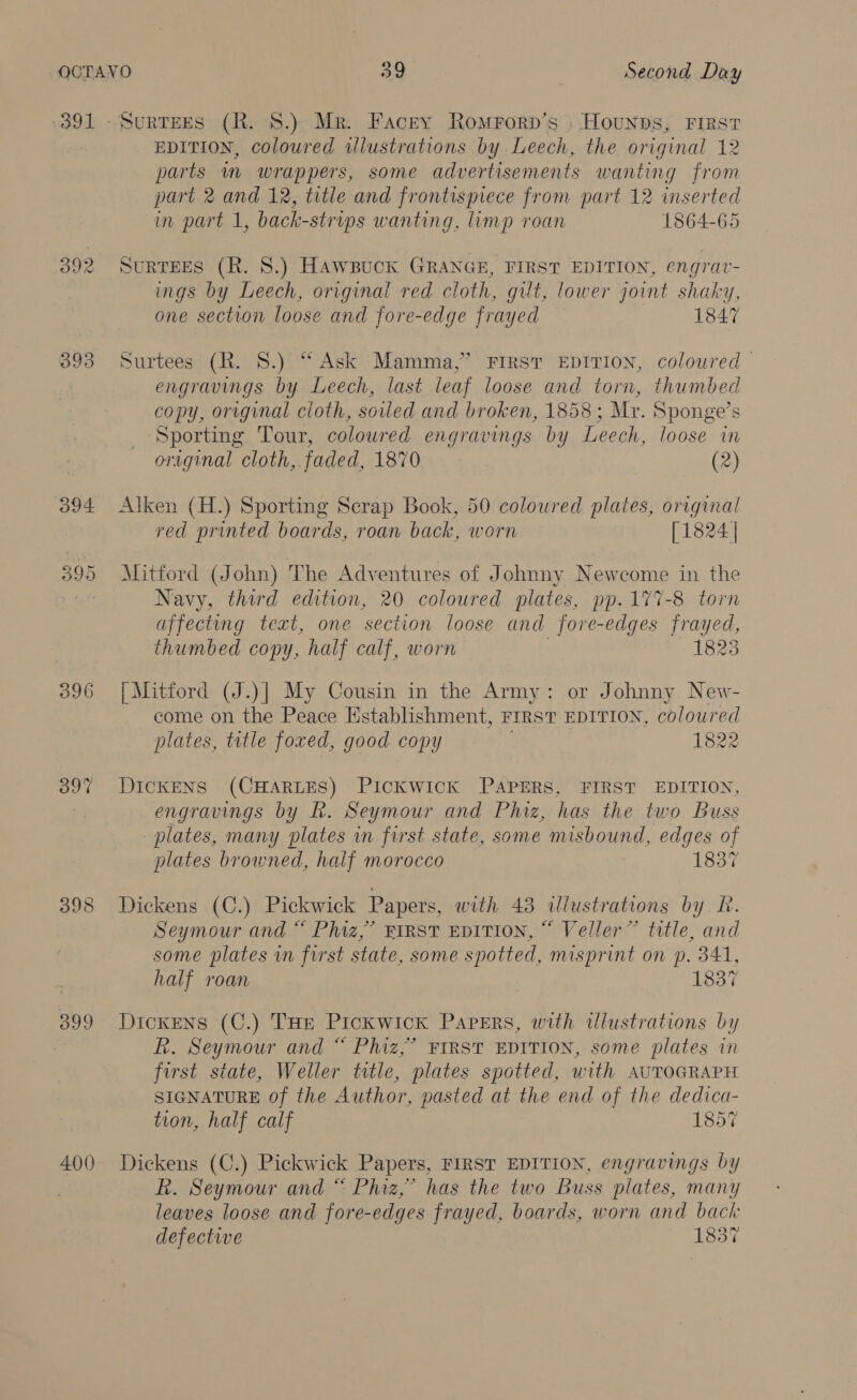 9 391 -SurTees (R. 8.) Mr. Facey Romrorp’s . Hounps, FIRST EDITION, coloured illustrations by Leech, the original 12 parts im wrappers, some advertisements wanting from part 2 and 12, title and frontispiece from part 12 inserted in part 1, back-strips wanting, limp roan 1864-65 392 SuRTEES (R. 8.) Hawsuck GRANGE, FIRST EDITION, engrav- ings by Leech, original red cloth, gilt, lower joint shaky, one section loose and fore-edge frayed 1847 393 Surtees (R. 8.) “Ask Mamma,” First EDITION, coloured engravings by Leech, last leaf loose and torn, thumbed copy, original cloth, soled and broken, 1858; Mr. Sponge’s Sporting Tour, coloured engravings by Leech, loose in orrginal cloth, faded, 1870 (2) 394 Alken (H.) Sporting Scrap Book, 50 coloured plates, original red printed boards, roan back, worn [1824 | 395 Mitford (John) The Adventures of Johnny Newcome in the a Navy, third edition, 20 coloured plates, pp.177-8 torn affecting text, one section loose and fore-edges frayed, thumbed copy, half calf, worn 1823 396 [Mitford (J.)] My Cousin in the Army: or Johnny New- come on the Peace Establishment, FIRST EDITION, coloured plates, title foxed, good copy 1822 397 DIcKENS (CHARLES) PICKWICK PAPERS, FIRST EDITION, engravings by R. Seymour and Phiz, has the two Buss plates, many plates in first state, some misbound, edges of plates browned, half morocco 1837 398 Dickens (C.) Pickwick Papers, with 43 ilustrations by Rf. Seymour and “ Phiz,’ First Ep1tION, “ Veller” title, and some plates in first state, some spotted, misprint on p. 341, half roan 1837 399 Dickens (C.) THe Pickwick Papers, with tlustrations by R. Seymour and “ Phiz,’ FIRST EDITION, some plates in first state, Weller title, plates spotted, with AUTOGRAPH SIGNATURE of the Author, pasted at the end of the dedica- tion, half calf 1857 400 Dickens (C.) Pickwick Papers, FIRST EDITION, engravings by R. Seymour and “ Phiz,” has the two Buss plates, many leaves loose and fore-edges frayed, boards, worn and back: defective 1837