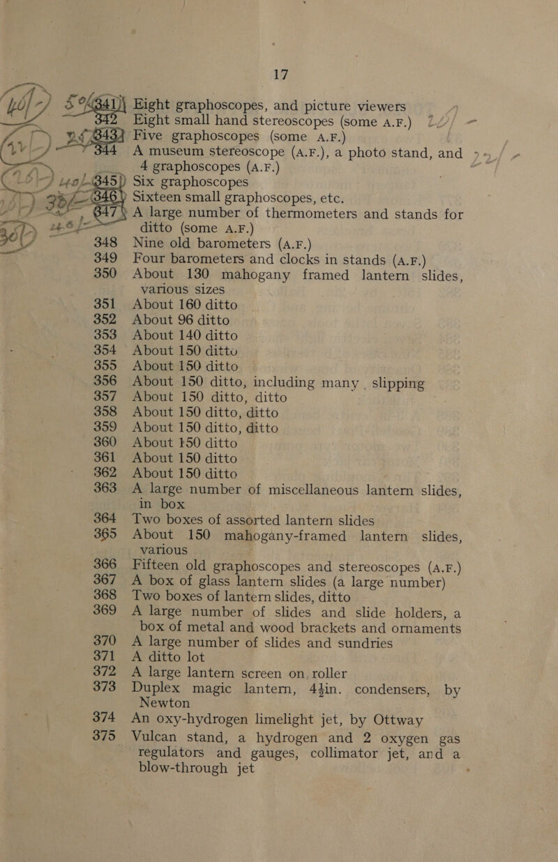 ‘id “ad Sega) Eight graphoscopes, and picture viewers LW Eight small hand stereoscopes (some A.F.) TN Five graphoscopes (some 4.F.)  &lt;&lt; 4 graphoscopes (A.F.) ( 2-9 i¢0/-B45) Six graphoscopes via 35 as Sixteen small graphoscopes, etc. ae, Pe ; A large number of thermometers and stands for 7 a oe ditto (some A.F.) gO(7) 5 348 Nine old barometers (a.F.) 349 Four barometers and clocks in stands (a.F.) 350 About 130 mahogany framed lantern slides, various sizes 351 About 160 ditto 352 About 96 ditto 353 About 140 ditto 354 About 150 ditto 355 About 150 ditto 356 About 150 ditto, including many | slipping 357 About 150 ditto, ditto me 358 About 150 ditto, ditto 359 About 150 ditto, ditto 360 About £50 ditto 361 About 150 ditto 362 About 150 ditto 363 A large number of miscellaneous lantern slides, in box 364 Two boxes of assorted lantern slides 365 About 150 mahogany-framed lantern slides, various | : 366 Fifteen old graphoscopes and stereoscopes (A.F.) 367 A box of glass lantern slides (a large number) 368 Two boxes of lantern slides, ditto 369 &lt;A large number of slides and slide holders, a box of metal and wood brackets and ornaments 370 A large number of slides and sundries 371 A ditto lot 372 A large lantern screen on roller 373 Duplex magic lantern, 44in. condensers, by Newton 374 An oxy-hydrogen limelight jet, by Ottway 375 Vulcan stand, a hydrogen and 2 oxygen gas regulators and gauges, collimator jet, and a blow-through jet