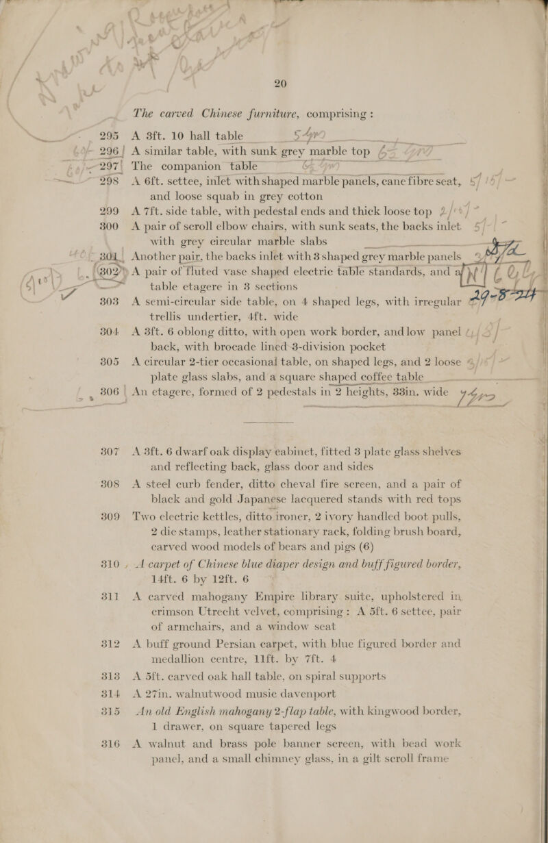 ~*~ 307 308 309 if { Pee | x . . ae - a 4 . ee 4 Y | € 4 | iD eg i 3 » ’ +h ’ 20 } | The carved Chinese furniture, comprising : 3 A 3ft. 10 hall table S 54 Vy ; | A similar table, with sunk grey marble top ae - LTO 1 The companion table — i a A 6ft. settee, inlet with shaped marble SRR cane fibre seat, 57 // and loose squab in grey cotton A 7ft. side table, with pedestal ends and thick loose top 2/'*/ ~ A pair of scroll elbow chairs, with sunk seats, the backs inlet with grey circular marble slabs Another pair, the backs inlet with 3 shaped erey ‘marble panels a ial Sf Te i vA table etagere in 3 sections i A semi-circular side table, on 4 shaped legs, with irregular Ag-5 . trellis undertier, 4ft. wide oy 4) A 3ft. 6 oblong ditto, with open work border, andlow panel ¢, {S| back, with brocade lined-3-division pocket A circular 2-tier Sadiemu:. table, on shaped legs, and 2 loose «  WW A 38ft. 6 dwarf oak display cabinet, fitted 3 plate glass shelves and reflecting back, glass door and sides A steel curb fender, ditto cheval fire screen, and a pair of black and gold J apanese lacquered stands with red tops Two electric kettles, ditto ironer, 2 ivory handled boot pulls, 2 die stamps, leather stationary rack, folding brush board, carved wood models of bears and pigs (6) A carpet of Chinese blue diaper design and buff figured border, 14ft. 6 by 12ft. 6 A carved mahogany Empire library suite, upholstered in, of armchairs, and a window seat A buff ground Persian carpet, with blue figured border and medallion centre, 11ft. by 7ft. 4 A 5ft. carved oak hall table, on spiral supports A 27in. walnutwood music davenport An old English mahogany 2-flap table, with kingwood border, 1 drawer, on square tapered legs A walnut and brass pole banner screen, with bead work panel, and a small chimney glass, in a gilt scroll frame 