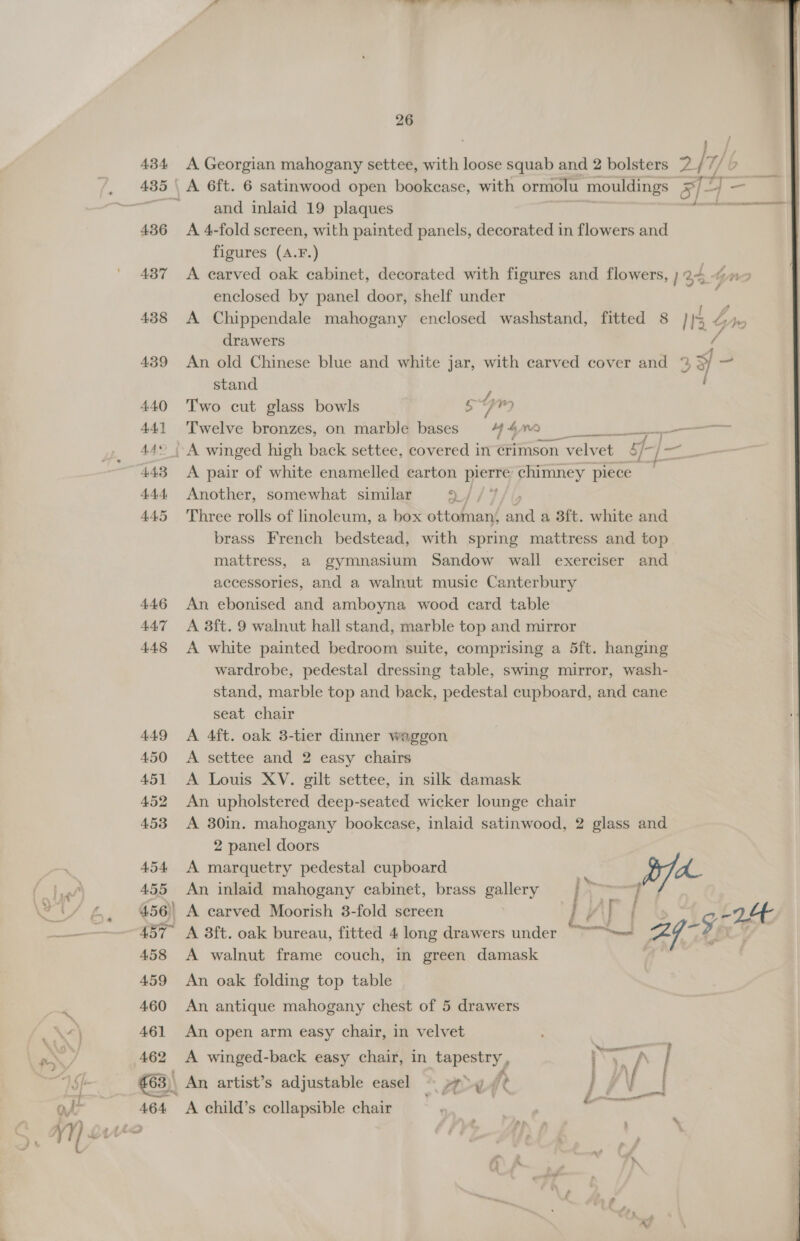 aN 462 £63)\ of 4.64. y . , vy) iA 4 og — 7 , &amp; : whe &amp; , 4% 26  A Georgian mahogany settee, with loose squab and 2 bolsters 2. /; 7/ lb ~~ Em hae RE and inlaid 19 plaques A 4-fold screen, with painted panels, decorated in flowers and figures (A.F.) A carved oak cabinet, decorated with figures and flowers, ) a4 4 NI enclosed by panel door, shelf under ) A Chippendale mahogany enclosed washstand, fitted 8 NS Gyn drawers / An old Chinese blue and white jar, with carved cover and % S| stand Two cut glass bowls ag Yr y- Twelve bronzes, on marble bases 4 cae SERS EB A pair of white enamelled carton gciay chimney piece Another, somewhat similar 2 OF ie Three rolls of linoleum, a box ottoman, sad a 3f{t. white and brass French bedstead, with spring mattress and top mattress, a gymnasium Sandow wall exerciser and accessories, and a walnut music Canterbury An ebonised and amboyna wood card table A 3ft. 9 walnut hall stand, marble top and mirror A white painted bedroom suite, comprising a 5ft. hanging wardrobe, pedestal dressing table, swing mirror, wash- stand, marble top and back, pedestal cupboard, and cane seat chair A 4ft. oak 3-tier dinner waggon A settee and 2 easy chairs A Louis XV. gilt settee, in silk damask An. upholstered deep-seated wicker lounge chair A 30in. mahogany bookcase, inlaid satinwood, 2 glass and 2 panel doors A marquetry pedestal cupboard pa An inlaid mahogany cabinet, brass gallery = | ~~ ; A walnut frame couch, in green damask An oak folding top table An antique mahogany chest of 5 drawers An open arm easy chair, in velvet A winged-back easy chair, in tapestry , ¥ re A / An artist’s adjustable easel | py fr } J | i A child’s collapsible chair | ey an. 