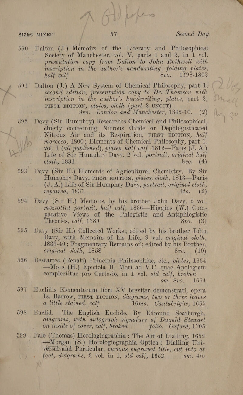 590 Dalton (J.) Memoirs of the Literary and Philosophical Society of Manchester, vol. V, parts 1 and 2, in 1 vol. presentation copy from Dalton to John Rothwell with inscription in the author's handwriting, folding plates, half calf 8vo. 1798-1802 second edition, presentation copy to Dr. Thomson with inscription im the author's handwriting, plates, part 2, FIRST EDITION, plates, cloth (part 2 UNCUT) Svo. London and Manchester, 1842-10. (2) 594 Or co Cr chiefly concerning Nitrous Oxide or Dephlogisticated Nitrous Air and its Respiration, FIRST EDITION, hal; morocco, 1800; Elements of Chemical Philosophy, part 1, vol. I (all published), plates, half calf, 1812—Paris (J. A.) Life of Sir Humphry Davy, 2 vol. portrait, original half cloth, 1831 8vo. (4) Davy (Sir H.) Elements of Agricultural Chemistry. By Sir Humphry Davy, FIRST EDITION, plates, cloth, 18183—Paris. (J. A.) Life of Sir Humphry Davy, portrait, orrginal cloth, reparred, 1831 Ato. (2) Davy (Sir H.) Memoirs, by his brother John Davy, 2 vol. mezzotint portrart, half calf, 1836—Higgins (W.) Com- parative Views of the Phlogistic and Antiphlogistic Theories, calf, 1789 8vo. (3) Davy (Sir H.) Collected Works; edited by his brother John Davy, with Memoirs of his Life, 9 vol. original cloth, 1839-40; Fragmentary Remains of ; edited by his Brother, original cloth, 1858 8v0. (10) —More (H.) Epistola H. Mori ad V.C. quae Apologiam complectitur pro Cartesio, in 1 vol. old calf, broken sm. 8v0o. 1664 Huclidis Klementorum libri XV breviter demonstrati, opera Is. Barrow, FIRST EDITION, diagrams, two or three leaves a little stained, calf l6mo. Cantabrigiew, 1655 Euclid. The English Euclide. By Edmund Scarburgh, diagrams, with autograph signature of Dugald Stewart on wmside of cover, calf, broken folio. Oxford, 1705 Morgan (8.) Horologiographia Optica: Dialling Uni- versal.and Particular, curious engraved title, cut into at foot, diagrams, 2 vol. in 1, old calf, 1652 sm. Ato