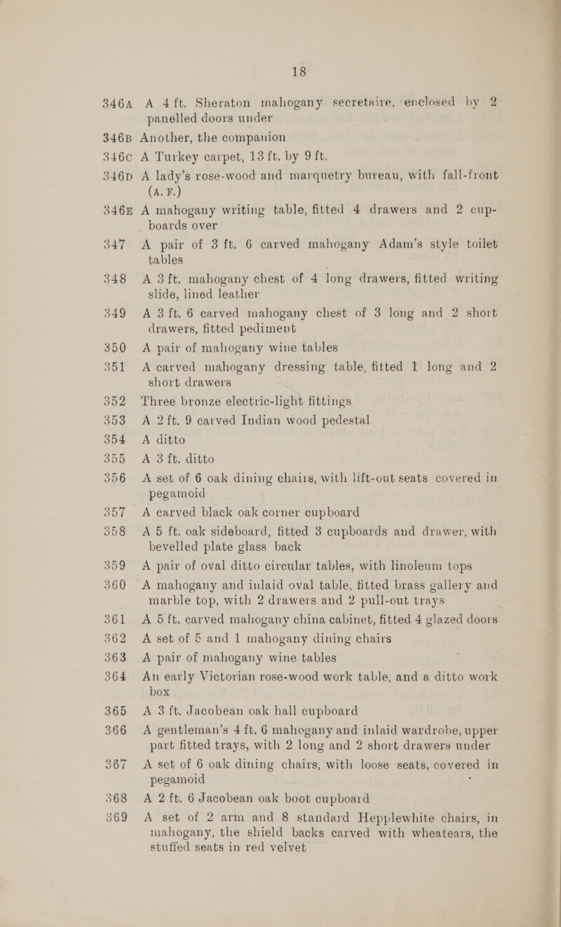 346B 3466 346D 346E 347 548 349 350 oie! 204 ue panelled doors under Another, the companion A Turkey carpet, 13 ft. by 9 ft. A lady’s rose-wood and marquetry bureau, with fall-front (A. F.) A mahogany writing table, fitted 4 drawers and 2 cup- A pair of 3 ft. 6 carved mahogany Adam’s style toilet tables A 3ft. mahogany chest of 4 long drawers, fitted writing slide, lined leather A 3ft. 6 carved mahogany chest of 3 long and 2 short drawers, fitted pediment A pair of mahogany wine tables A carved mahogany dressing table, fitted 1 long and 2 short drawers Three bronze electric-light fittings A 2ft. 9 carved Indian wood pedestal A ditto A 3 ft. ditto A set of 6 oak dining chairs, with lift-out seats. covered in pegamoid A carved black oak corner cup board A 5 ft. oak sideboard, fitted 3 cupboards and drawer, with bevelled plate glass back A pair of oval ditto circular tables, with linoleum tops A mahogany and inlaid oval table, fitted brass gallery and marble top, with 2 drawers and 2 pull-out trays A 5 ft. carved mahogany china cabinet, fitted 4 glazed doors A set of 6 and 1 mahogany dining chairs A pair of mahogany wine tables An early Victorian rose- wood work table, and a ditto work box . A 3 ft. Jacobean oak hall cupboard A gentleman’s 4 ft. 6 mahogany and inlaid wardrobe, upper part fitted trays, with 2 long and 2 short drawers under A set of 6 oak dining chairs, with loose seats, — in pegamoid : A 2 ft. 6 Jacobean oak boot cupboard A set of 2 arm and 8 standard Hepplewhite chairs, in mahogany, the shield backs carved with wheatears, the stuffed seats in red velvet