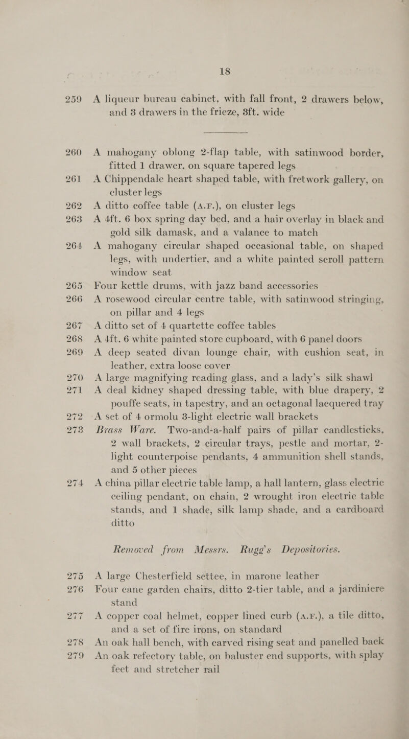 18 A liqueur bureau cabinet, with fall front, 2 drawers below, and 8 drawers in the frieze, 8ft. wide A mahogany oblong 2-flap table, with satinwood border, fitted 1 drawer, on square tapered legs A Chippendale heart shaped table, with fretwork gallery, on cluster legs A ditto coffee table (4.F.), on cluster legs A 4ft. 6 box spring day bed, and a hair overlay in black and gold silk damask, and a valance to match A mahogany circular shaped occasional table, on shaped legs, with undertier, and a white painted scroll pattern window seat Four kettle drums, with jazz band accessories A rosewood circular centre table, with satinwood stringing, on pillar and 4 legs | A ditto set of 4 quartette coffee tables A 4ft. 6 white painted store cupboard, with 6 panel doors A deep seated divan lounge chair, with cushion seat, in leather, extra loose cover A large magnifying reading glass, and a lady’s silk shawl A deal kidney shaped dressing table, with blue drapery, 2 pouffe seats, in tapestry, and an octagonal lacquered tray A set of 4 ormolu 3-light electric wall brackets Brass Ware. Two-and-a-half pairs of pillar candlesticks, 2 wall brackets, 2 circular trays, pestle and mortar, 2- light counterpoise pendants, 4 ammunition shell stands, and 5 other pieces A china pillar electric table lamp, a hall lantern, glass electric ceiling pendant, on chain, 2 wrought iron electric table stands, and 1 shade, silk lamp shade, and a cardboard ditto Removed from Messrs. Rugg’s Depositories. A large Chesterfield settee, in marone leather Four cane garden chairs, ditto 2-tier table, and a jardiniere stand A copper coal helmet, copper lined curb (a.¥.), a tile ditto, and a set of fire irons, on standard An oak hall bench, with carved rising seat and panelled back An oak refectory table, on baluster end supports, with splay feet and stretcher rail |