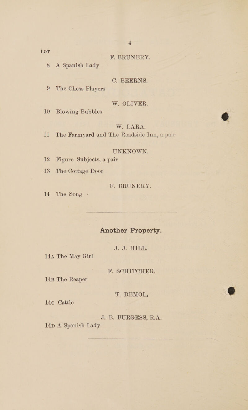 LOT F. BRUNERY. 8 <A Spanish Lady C. BEERNS. 9 The Chess Players W. OLIVER. 10 Blowing Bubbles W. LARA. 11 The Farmyard and The Roadside Inn, a pair UNKNOWN. 12 Figure Subjects, a pair 13 The Cottage Door F. BRUNERY. 14 The. Song.  Another Property. J.10: BILL: 144 The May Girl F. SCHITCHER. 14B The Reaper T. DEMOL, 14c Cattle J. B. BURGESS, R.A. 14p A Spanish Lady 