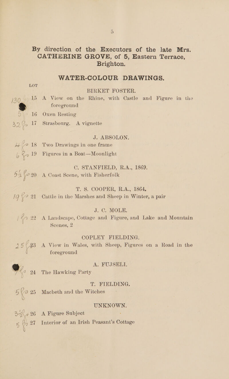 fs) Brighton. WATER-COLOUR DRAWINGS. BIRKET FOSTER. A View on the Rhine, with Castle and Figure in the foreground Oxen Resting Strasbourg. A vignette J. ABSOLON. Two Drawings in one frame Figures in a Boat—Moonlight C. STANFIELD, R.A., 1869. A Coast Scene, with Fisherfolk T. S. COOPER, R.A., 1864. Cattle in the Marshes and Sheep in Winter, a pair J. C. MOLE. A Landseape, Cottage and Figure, and Lake and Mountain Scenes, 2 COPLEY FIELDING. A View in Wales, with Sheep, Figures on a Road in the foreground A. FUJSELI. The Hawking Party T. FIELDING. Macbeth and the Witches UNKNOWN. A Figure Subject Interior of an Irish Peasant’s Cottage