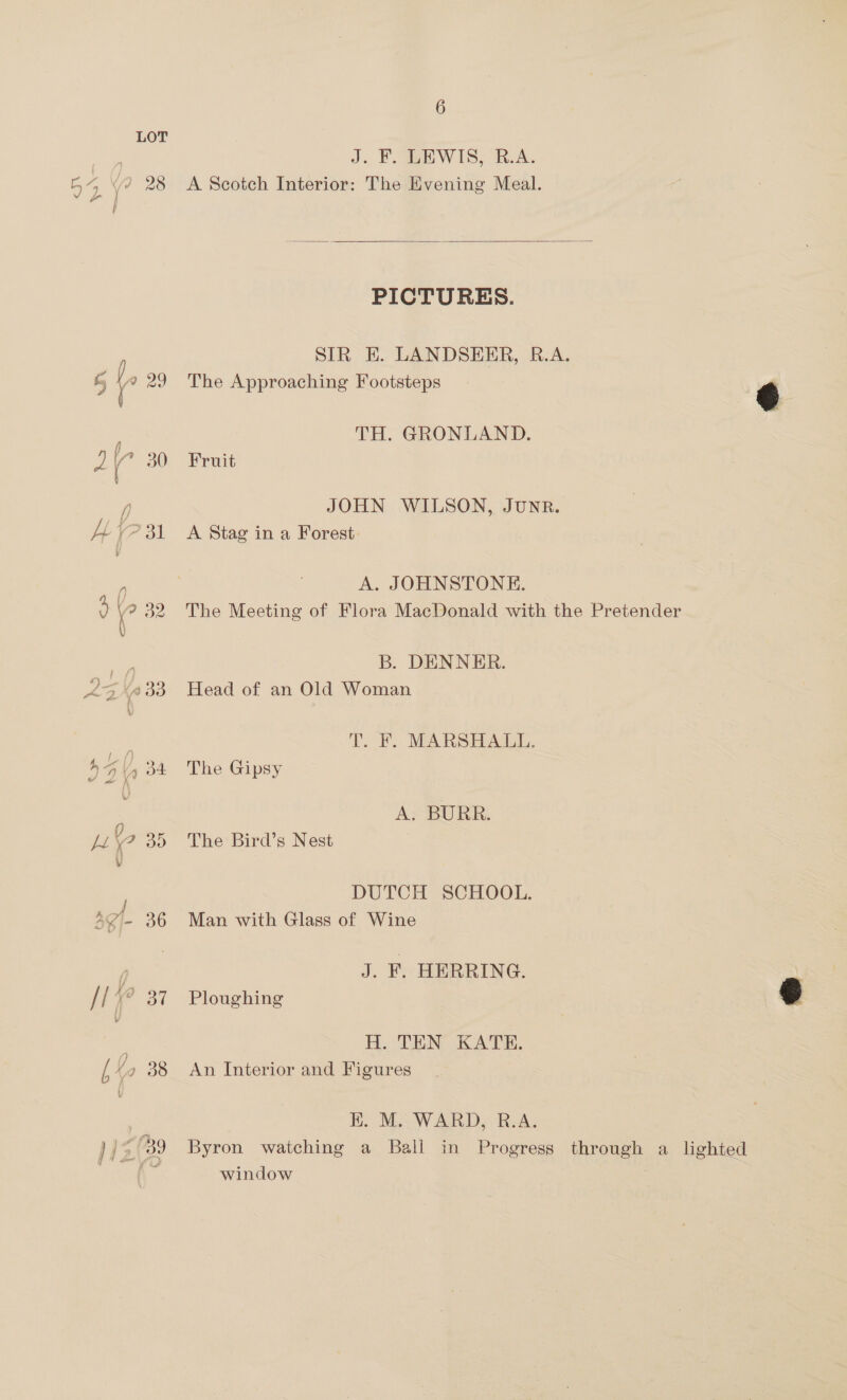 ae J. F. LEWIS, R.A. 54 “2 28 <A Scotch Interior: The Evening Meal.  PICTURES. SIR E. LANDSEER, R.A. &amp;, r 29 The Approaching Footsteps TH. GRONLAND. LY 30. Pruit a, JOHN WILSON, JUNR. Ht deg 31 <A Stag in a Forest. A | A. JOHNSTONE. s . 32 The Meeting of Flora MacDonald with the Pretender er B. DENNER. Peri 33 Head of an Old Woman : T. F. MARSHALL. Mi 4 /; 34 The Gipsy A. BURR. Li? 35 The Bird’s Nest DUTCH SCHOOL. 4¢- 36 Man with Glass of Wine p J. F. HERRING. {I x” 37 Ploughing H. TEN KATHE. bX 38 An Interior and Figures | E. M. WARD, R.A. 1Ns 39 Byron watching a Ball in Progress through a lighted window