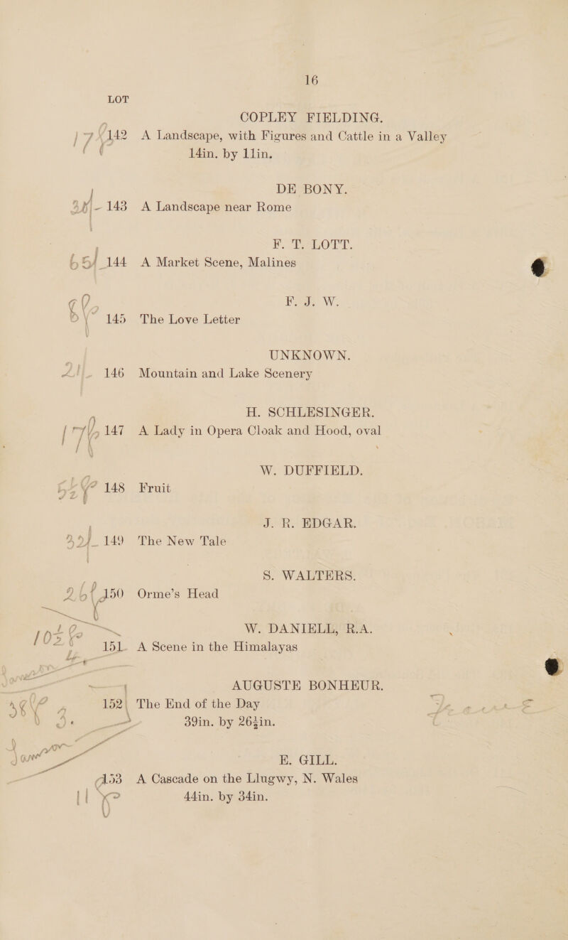 COPLEY FIELDING. &amp; 14in. by lin. DE BONY. ~ 143 <A Landscape near Rome ETO. ia W. 145 The Love Letter UNKNOWN. 146 Mountain and Lake Scenery H. SCHLESSINGER. W. DUFFIELD. J. R. EDGAR. S. WALTERS. ——ee 3 W. DANIELL, R.A. 15L. A Scene in the Himalayas . AUGUSTE BONHEUR. 3 152. The End of the Day - 39in. by 26sin. os BK. GILL. 153 A Cascade on the Llugwy, N. Wales : Ke Adin. by 34in. 