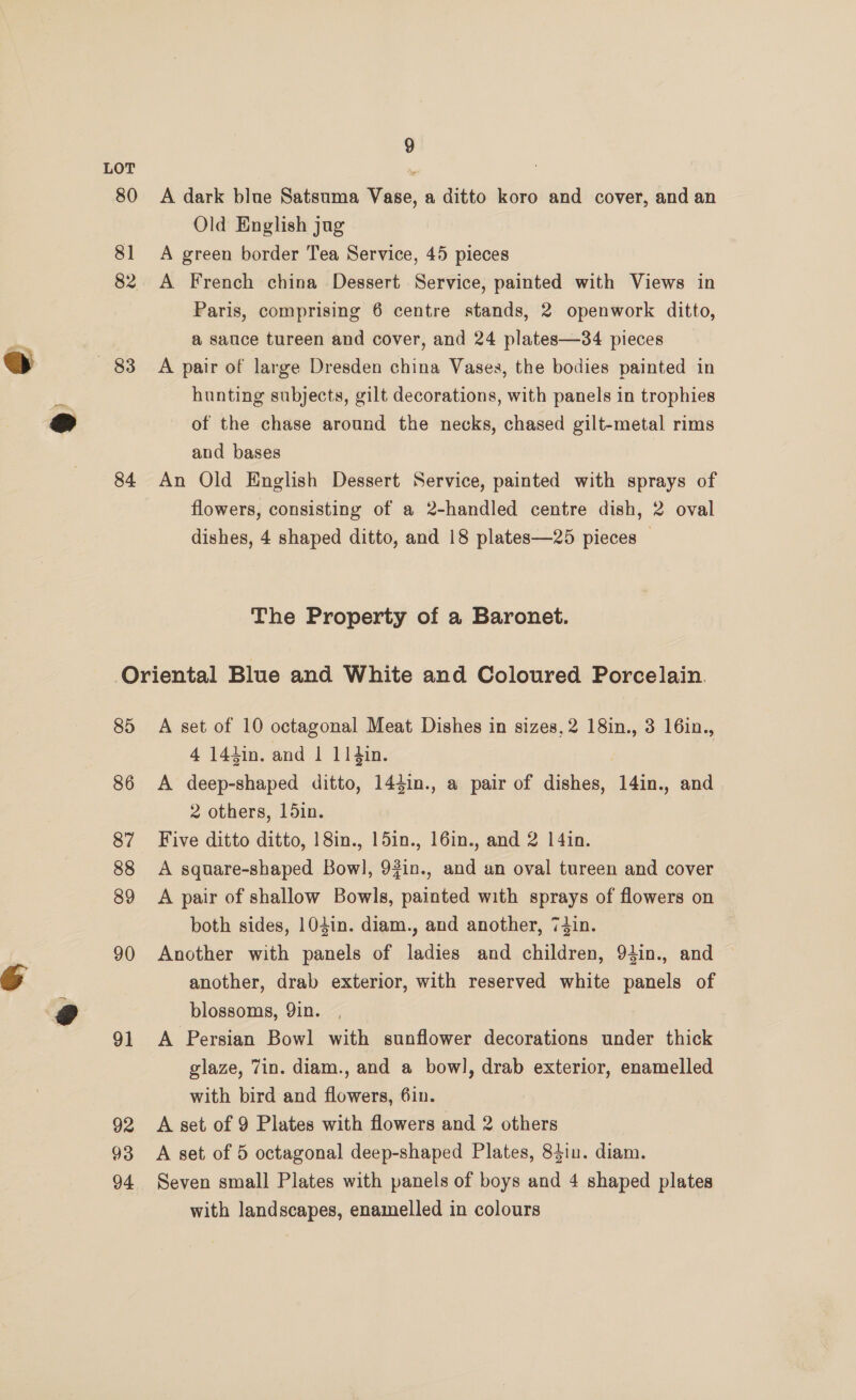 — 83 84 9 A dark blue Satsuma Vase, a ditto koro and cover, and an Old English jug A green border Tea Service, 45 pieces A French china Dessert Service, painted with Views in Paris, comprising 6 centre stands, 2 openwork ditto, a sauce tureen and cover, and 24 plates—34 pieces A pair of large Dresden china Vases, the bodies painted in hunting subjects, gilt decorations, with panels in trophies of the chase around the necks, chased gilt-metal rims and bases An Old English Dessert Service, painted with sprays of flowers, consisting of a 2-handled centre dish, 2 oval dishes, 4 shaped ditto, and 18 plates—25 pieces — The Property of a Baronet. 85 86 87 88 89 90 91 92 93 94 A set of 10 octagonal Meat Dishes in sizes, 2 18in., 3 16in., 4 144in. and | 114in. A deep-shaped ditto, 144in., a pair of dishes, thai, and 2 others, 15in. Five ditto ditto, 18in., 15in., 16in., and 2 14in. A square-shaped Bowl, 92in., and an oval tureen and cover A pair of shallow Bowls, painted with sprays of flowers on both sides, 104in. diam., and another, 74in. Another with panels of ladies and children, 94in., and another, drab exterior, with reserved white panels of blossoms, 9in. A Persian Bowl with sunflower decorations under thick glaze, Zin. diam., and a bowl, drab exterior, enamelled with bird and flowers, 6in. A set of 9 Plates with flowers and 2 others A set of 5 octagonal deep-shaped Plates, 84in. diam. Seven small Plates with panels of boys and 4 shaped plates with landscapes, enamelled in colours