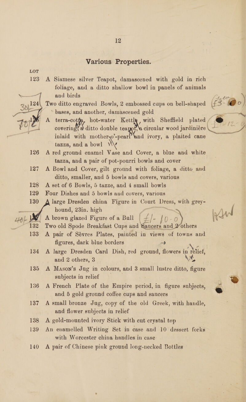 Various Properties. 123 A Siamese silver Teapot, damascened with gold in rich foliage, and a ditto shallow bowl in panels of animals and birds Sj, td Two ditto engraved Bowls, 2 embossed cups on bell-shaped ({%~- @o | bases, and another, damascened gold ——s~ A terra-cotte, hot-water Kettl , with Sheffield plated / @e — covering’ a ditto double cag circular wood jardiniére ak ee inlaid with mother-o’-pearl’ ‘and ivory, a plaited cane tazza, and a bowl YANG 126 A red ground enamel Vase and Cover, a blue and white  tazza, and a pair of pot-pourri bowls and cover 127 A Bowland Oover, gilt ground with foliage, a ditto and ditto, smaller, and 5 bowls and covers, various 128 A set of 6 Bowls, 5 tazze, and 4 small bowls 129 Four Dishes and 5 bowls and covers, various large Dresden china Figure in Court biker with grey- | hound, 23in. high f° “ 1 A J | A brown glazed Figure of a Bull f |. 10.    “ 132 Two old Spode Breakfast Cups and Saucers and 2others 133 A pair of Sévres Plates, painted in views of towns and figures, dark blue borders ’ 134 <A large Dresden Card Dish, red ground, flowers in Niief and 2 others, 3 \% 135 A Mason’s Jug in colours, and 3 small lustre ditto, figure subjects in relief @ 136 A French Plate of the Empire period, in figure subjects, | and 5 gold ground coffee cups and saucers 137 A small bronze Jug, copy of the old Greek, with handle, and flower subjects in relief 6. 138 A gold-mounted ivory Stick with cut crystal top , 139 An enamelled Writing Set in case and 10 dessert forks with Worcester china handles in case 140 A pair of Chinese pink ground long-necked Bottles