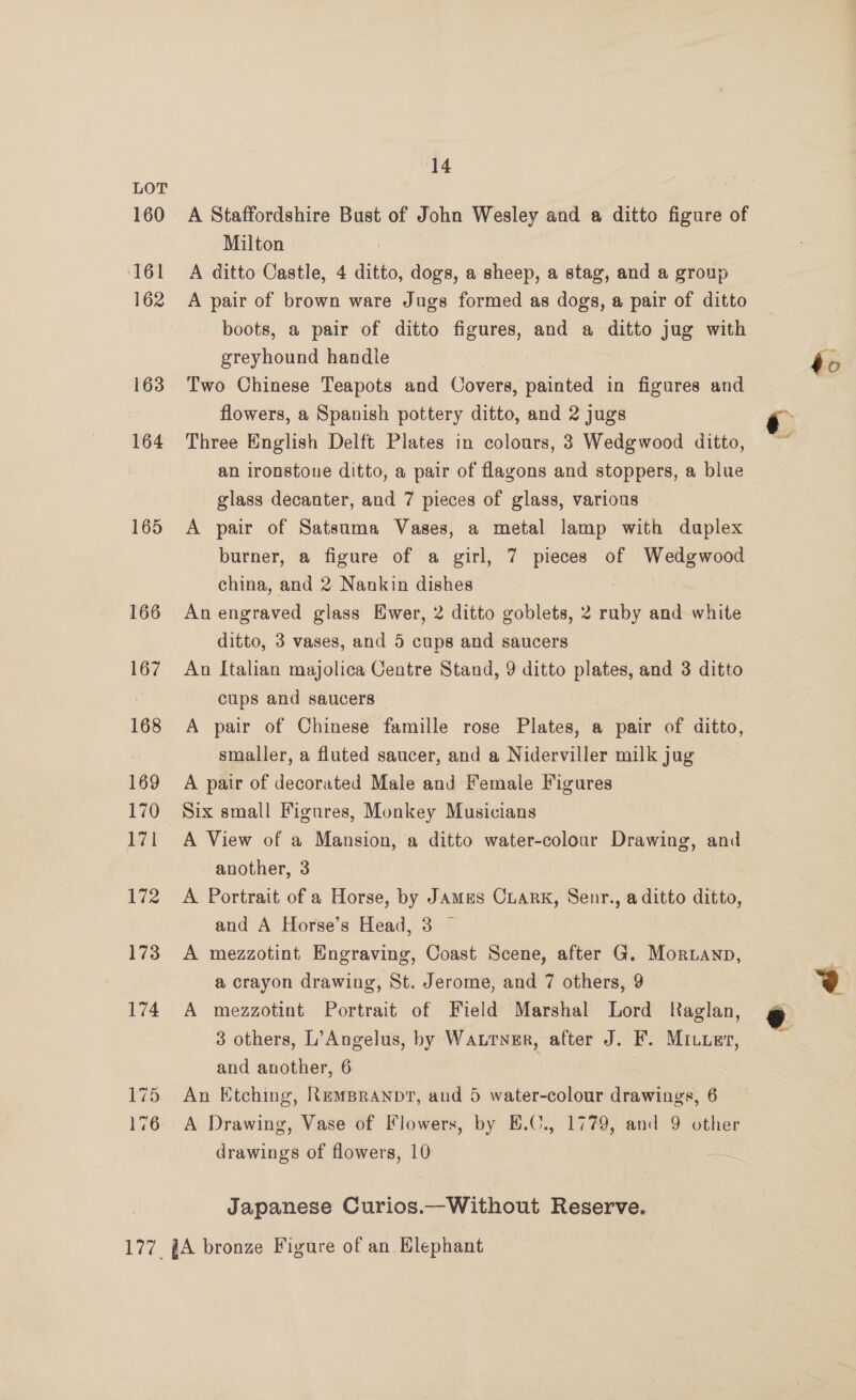 160 161 162 163 164 165 166 14 A Staffordshire Bust of John Wesley and a ditto figure of Milton A ditto Castle, 4 ditto, dogs, a sheep, a stag, and a group A pair of brown ware Jugs formed as dogs, a pair of ditto boots, a pair of ditto figures, and a ditto jug with greyhound handle Two Chinese Teapots and Covers, painted in figures and flowers, a Spanish pottery ditto, and 2 jugs Three English Delft Plates in colours, 3 Wedgwood ditto, an ironstone ditto, a pair of flagons and stoppers, a blue glass decanter, and 7 pieces of glass, various A pair of Satsuma Vases, a metal lamp with duplex burner, a figure of a girl, 7 pieces of Wedgwood china, and 2 Nankin dishes An engraved glass Ewer, 2 ditto goblets, 2 ruby and white ditto, 3 vases, and 5 cups and saucers An Italian majolica Centre Stand, 9 ditto Hage and 3 ditto cups and saucers A pair of Chinese famille rose Plates, a pair of ditto, smaller, a fluted saucer, and a Niderviller milk jug A pair of decorated Male and Female Figures Six small Figures, Monkey Musicians A View of a Mansion, a ditto water-coloar Drawing, and another, 3 A Portrait of a Horse, by James CLark, Senr., a ditto ditto, and A Horse’s Head, 3 © A mezzotint Engraving, Coast Scene, after G. Mor.anp, a crayon drawing, St. Jerome, and 7 others, 9 A mezzotint Portrait of Field Marshal Lord Raglan, 3 others, L’Angelus, by Warner, after J. F. Miuwer, and another, 6 | An Etching, RemBranpt, and 5 water-colour drawings, 6 A Drawing, Vase of Flowers, by E.C., 1779, and 9 other Japanese Curios.—Without Reserve. @ do