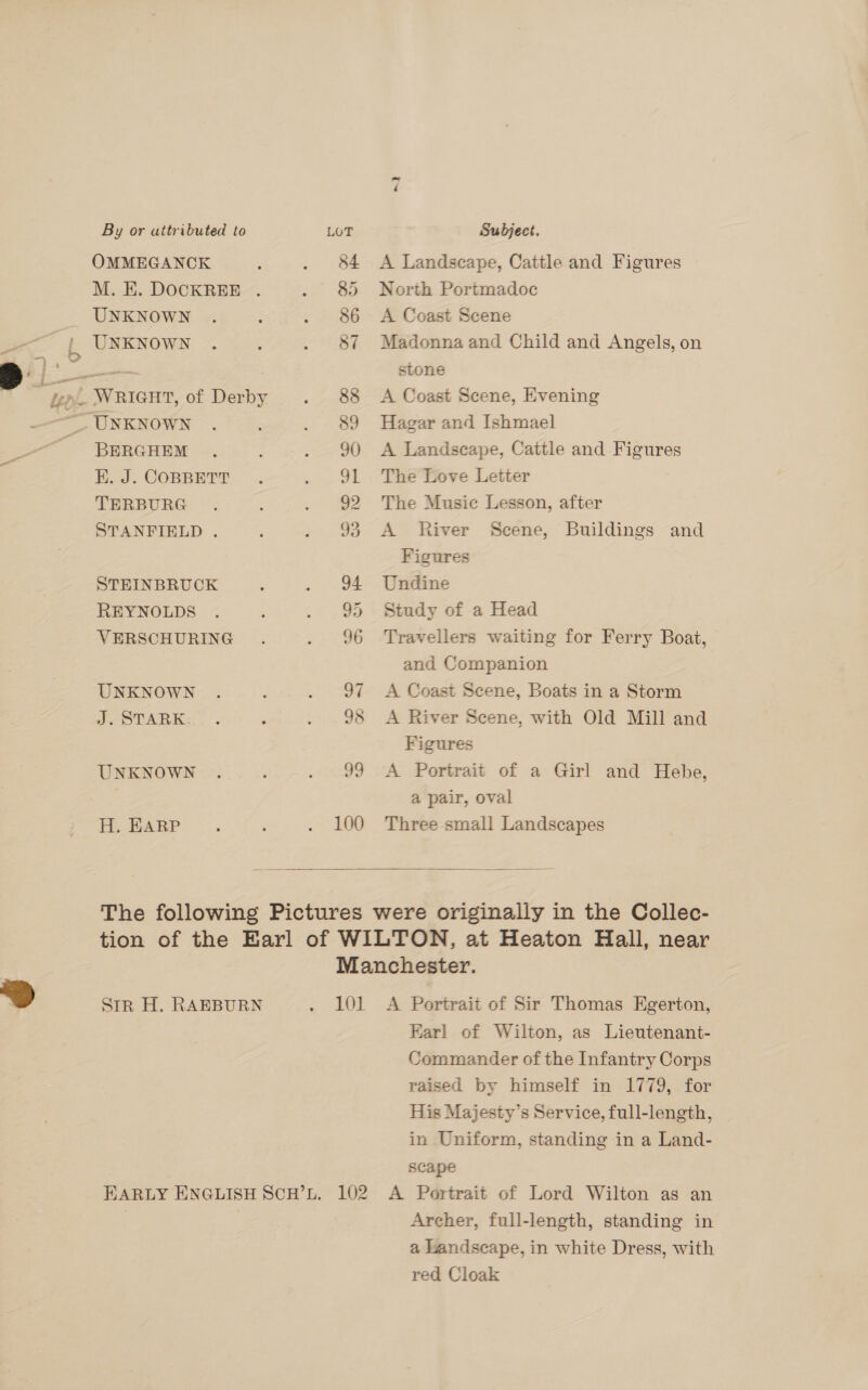 *» _~ By or attributed to OMMEGANCK M. E. DOCKREE . UNKNOWN BERGHEM E. J. COBBETT TERBURG STANFIELD . STEINBRUCK REYNOLDS VERSCHURING UNKNOWN J. STARK. UNKNOWN H. EARP 89 99 100 Subject. A Landscape, Cattle and Figures North Portmadoc A Coast Scene Madonna and Child and Angels, on stone A Coast Scene, Evening Hagar and Ishmael A Landscape, Cattle and Figures The Love Letter The Music Lesson, after A River Scene, Buildings and Figures Undine Study of a Head Travellers waiting for Ferry Boat, and Companion A Coast Scene, Boats in a Storm A River Scene, with Old Mill and Figures A Portrait of a Girl and Hebe, a pair, oval Three small Landscapes  Str H. RAEBURN 101 A Portrait of Sir Thomas Egerton, Earl of Wilton, as Lieutenant- Commander of the Infantry Corps raised by himself in 1779, for His Majesty’s Service, full-length, in Uniform, standing in a Land- scape Archer, full-length, standing in a Landscape, in white Dress, with red Cloak