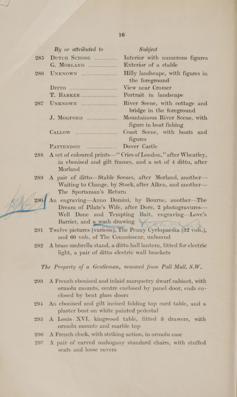 ~/ 285 288 289 16 By or attributed to Subject PUTCH, SCHOOL: 5... -.2psis- Interior with numerous figures. WES co eps ivadeancsae. Exterior of a stable TOWRROUUN, » oe coctiaecteens Hilly landscape, with figures in the foreground DiRT scene ees View near Cromer Hi ames. Sodan onic. Portrait in landscape Wee nc River Scene, with cottage and bridge in the foreground Thy, RE ein cece rete Mountainous River Scene, with figure in boat fishing CORON 2 5 ee Coast Scene, with boats and figures PRP CEMIIN ( icciysnssarseoeeee Dover Castle A set of coloured prints—-*‘ Cries of London,” after Wheatley, Morland Waiting to Change, by Stock, after Alken, and another— The Sportsman’s Return 291 292 Well Done and Tempting Bait, engraving—Love’s Barrier, and a_ wash drawing \&lt;— | ; iA Twelve pictures (various), The Penny Cyclopaedia (32 vols.), and 60 vols. of The Connoisseur, unbound A brass umbrella stand, a ditto hall lantern, fitted for electrie light, a pair of ditto electric wall brackets 293 A French ebonised and inlaid marquetry dwarf cabinet, with ormolu mounts, centre enclosed by panel door, ends en- closed by bent glass doors An ebonised and gilt incised folding top card table, and a plaster bust on white painted pedestal A Louis XVI. kingwood table, fitted 3 drawers, with ormolu mounts and marble top A French clock, with striking action, in ormolu case A pair of carved mahogany standard chairs, with stuffed seats and loose covers —