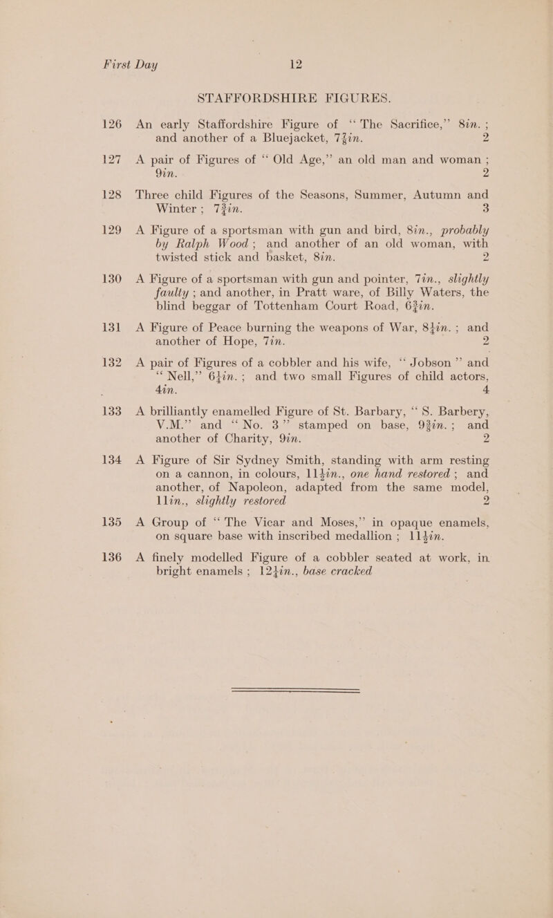 126 127 128 129 130 131 132 133 134 135 136 STAFFORDSHIRE FIGURES. An early Staffordshire Figure of ‘‘ The Sacrifice,” 80n. ; and another of a Bluejacket, 7{7n. 2 A pair of Figures of “ Old Age,” an old man and woman ; Mn. 2 Three child Figures of the Seasons, Summer, Autumn and Winter ; 72in. 3 A Figure of a sportsman with gun and bird, 82n., probably by Ralph Wood; and another of an old woman, with twisted stick and basket, 8in. Hi A Figure of a sportsman with gun and pointer, 7in., slightly faulty ; and another, in Pratt ware, of Billy Waters, the blind beggar of Tottenham Court Road, 630n. A Figure of Peace burning the weapons of War, 81in.; and another of Hope, 7an. 2 ? A pair of Figures of a cobbler and his wife, ‘“‘ Jobson ”’ and “Nell,” 647n.; and two small Figures of child actors, Ain. 4 A brilliantly enamelled Figure of St. Barbary, “ S. Barbery, V.M.” and “No. 3” stamped on base, 93in.; and another of Charity, 9in. 2 A Figure of Sir Sydney Smith, standing with arm resting on a cannon, in colours, 114in., one hand restored ; and another, of Napoleon, adapted from the same model, llin., slightly restored 2 A Group of “ The Vicar and Moses,” in opaque enamels, on square base with inscribed medallion ; 11l4in. A finely modelled Figure of a cobbler seated at work, in. bright enamels ; 1242n., base cracked