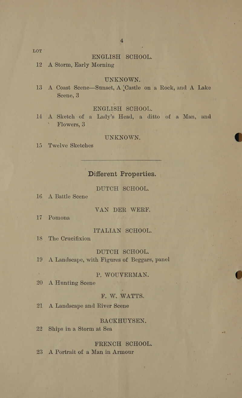 13 14 16 21 23 ENGLISH SCHOOL. A Storm, Early Morning UNKNOWN. Scene, 3 ENGLISH SCHOOL. A Sketch of a Lady’s Head, a ditto of a Man, Flowers, 3 UNKNOWN. Twelve Sketches Different Properties. DUTCH SCHOOL. A Battle Scene VAN DER WERF. Pomona ITALIAN SCHOOL. The Crucifixion DUTCH SCHOOL. A. Landscape, with Figures of Beggars, panel P, WOUVERMAN. A Hunting Scene KF. W. WATTS. A Landscape and River Scene BACKHUYSEN. Ships in a Storm at Sea FRENCH SCHOOL. A Portrait of a Man in Armour and