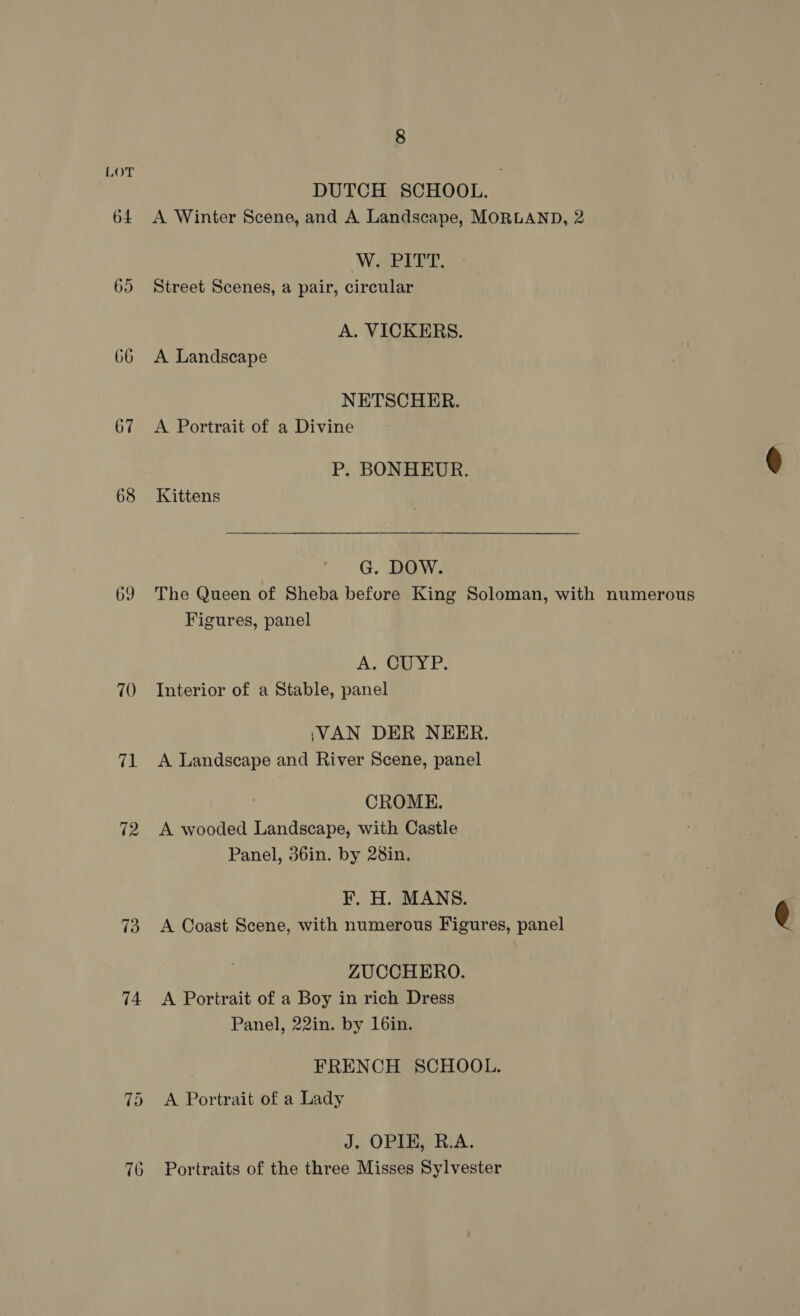 LOT ; DUTCH SCHOOL. 64 A Winter Scene, and A Landscape, MORLAND, 2 WarPiPe, 65 Street Scenes, a pair, circular A. VICKERS. 66 A Landscape NETSCHER. 67 <A Portrait of a Divine P. BONHEUR. 68 Kittens G. DOW. 69 The Queen of Sheba before King Soloman, with numerous Figures, panel A. CUYP. 70. Interior of a Stable, panel i\VAN DER NEER. 71 A Landscape and River Scene, panel CROME. 72 A wooded Landscape, with Castle Panel, 36in. by 28in. F. H. MANS. 73 A Coast Scene, with numerous Figures, panel ZUCCHERO. 74 A Portrait of a Boy in rich Dress Panel, 22in. by 16in. FRENCH SCHOOL. 75 <A Portrait of a Lady J. OPIH, R.A. 76 Portraits of the three Misses Sylvester