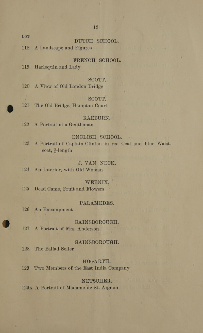 LOT DUTCH SCHOOL. 118 A Landscape and Figures FRENCH SCHOOL. 119 Harlequin and Lady SCOTT. 120 A View of Old London Bridge SCOTT. 121 The Old Bridge, Hampton Court RAEBURN. 122 A Portrait of a Gentleman ENGLISH SCHOOL. 123 A Portrait of Captain Clinton in red Coat and blue Waist- coat, 2-length J. VAN NECK. 124 An Interior, with Old Woman WEENIX. 125 Dead Game, Fruit and Flowers PALAMEDES. 126 An Encampment GAINSBOROUGH. 127 A Portrait of Mrs. Anderson GAINSBOROUGH. 128 The Ballad Seller HOGARTH. 129 Two Members of the East India Company NETSCHER. 129A A Portrait of Madame de St. Aignon