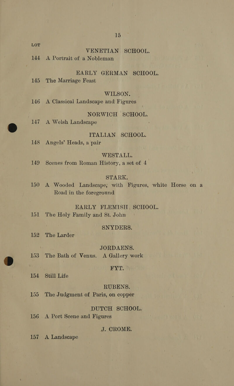 LOT VENETIAN SCHOOL. 144 A Portrait of a Nobleman HARLY GERMAN SCHOOL. 145 The Marriage Feast WILSON. 146 <A Classical Landscape and Figures NORWICH SCHOOL. 147 A Welsh Landscape ITALIAN SCHOOL. 148 Angels’ Heads, a pair WESTALL. 149 Scenes from Roman History, a set of 4 STARK. 150 A Wooded Landscape; with Figures, white Horse on a Road in the foreground EARLY FLEMISH SCHOOL. 151 ‘The Holy Family and St. John SNYDERS. 152 The Larder JORDAENS. 153 The Bath of Venus. A Gallery work BY. 154 Still Life RUBENS. 155 The Judgment of Paris, on copper DUTCH SCHOOL. 156 A Port Scene and Figures J. CROME. 157 A Landscape
