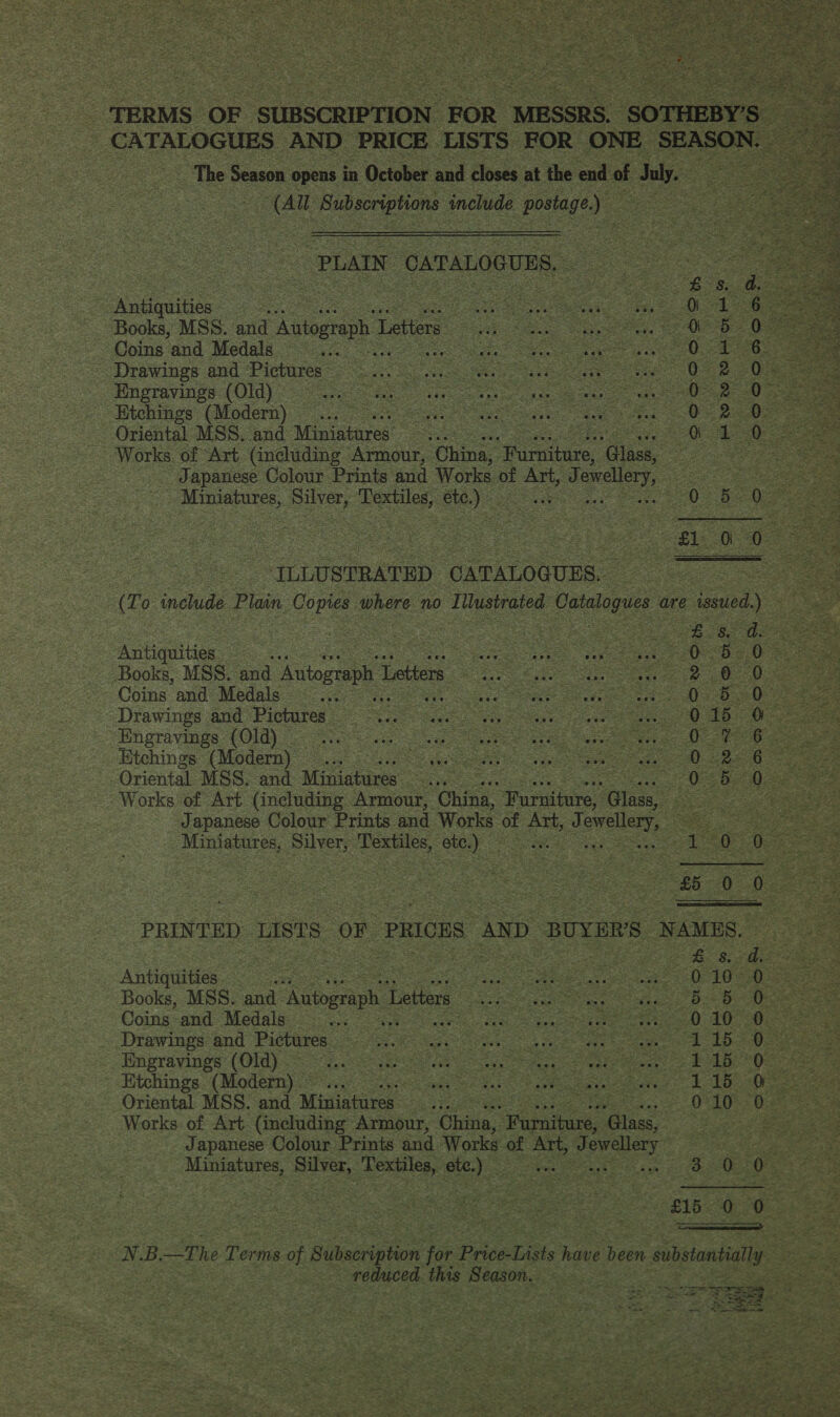 The Season opens in October and closes at the end of July. . : oe ee include postage. PLAIN CATALOGUES, OO Sa Gy oS ose a ee £ Ss. | ancaGces : Re Books, MSS. and Aniogroph ee lenis Coins and Medals... A oe Drawings and Pictures 0 2 Engravings (Old) ee Etchings (Modern) . cO Se Oriental MSS. and Megiatares . 2 iO OSL: ~ Works of Art. (including Armour, China, et Ge | Japanese Colour Prints and Works of we J Sewellery, Miniatures, OUYEr, Lextiles,-800,) =. s Be Ele Ol ees i | ILLUSTRATED CATALOGUES. (To include Plain Copies where no Illustrated Seve se are 2 issued.) See  Qo SS C's Es Antiquities 0-5 Books, MSS. and Autograph I Letters 2 ® Coins and Medals : 0 5 Drawings and Pictures Q 15 Engravings (Old) OF Hichings (Modern) — ... se 0.2 Oriental MSS. and Miniatures... 0.5 Works of Art (including Armour, China, ae “Glass, Japanese Colour Prints and Works of Art, J ewellery, eae Miniatures, Silver, Textiles, oe 3 LO 220 £5 520 Oe PRINTED LISTS OF PRICES AND BUYER'S. NAMES. : oe | Bagh Lahr: Antiquities Bae eee ted See Books, MSS. and Autograph Lettors. RSG Met rane Cea Oooo Coins-and Medals... SG lS Gree eae ewea toe Oe Drawings and Pictures Fe OR EP ante Barat Oper s eee Caen 2) Engravings (Old) Fas S eee Oa ate ane aes heath tame. era Etchings (Modern) ... Lies OR an Ree ep eae EARS Oriental MSS. and Miniatures... 0 10 Works of Art. (including Armour, China, “Fumiture, Glass, Japanese Colour Prints and Works of Art, J nes ) Miniatures, Silver, Textiles, Be) cf See ——— N.B. 2555 Terms of Silbecrip ton for Prieadile have been Ser eee | geht thts Season... 