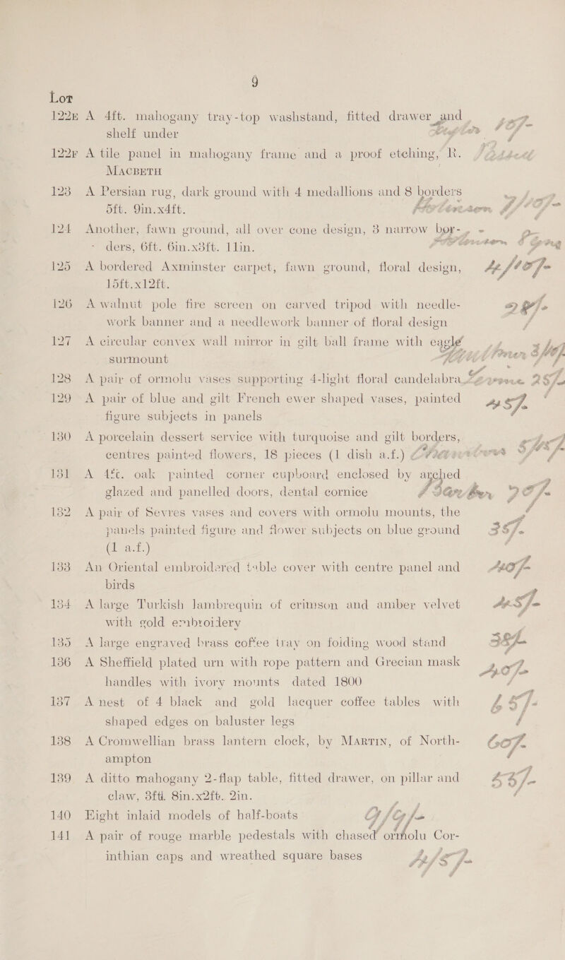 Lor 1226 A 4ft. mahogany tray-top washstand, fitted drawer and to shelf under beglan FY ~ 122r A tile panel in mahogany frame and a proof etching, kh. MACBETH 123 A Persian rug, dark ground with 4 medallions and 8 borders a dft. 9m. x4 ft. Merliwser. J/G 124 Another, fawn ground, all over cone design, 3 narrow bor-, « a = ders, Oft.-Oin.x3it. lin: | POF CPt Orm 5 125 <A bordered Axminster carpet, fawn ground, floral design, 4 flo ]- Lote x 121%, ; 4 126 Awalnut pole fire screen on carved tripod with needle- =) pi). work banner and a needlework banner of floral design 127 A circular convex wall mirror in gilt ball frame with eagl?    surmount fer 128 A pair of ormolu vases supporting 4-light floral candelabra zZgqrene 2 129 A pair of blue and gilt French ewer shaped vases, painted 2 ef oO Joe  figure subjects in panels 130 A porcelain dessert service with turquoise and gilt borders,  centres painted flowers, 18 pieces (1 dish a.f.) CAPULVATC EO 131 A 4. oak painted corner cupboard enclosed by Re ce glazed and panelled doors, dental cornice le % oF f- 182 A pair of Sevres vases and covers with ormolu noun the Ps panels painted figure and flower subjects on blue ground 3S/- (dl a.f.) é 188 An Oriental embroidered table cover with centre panel and 440 iA birds ‘ _ 184 A large Turkish Jambrequin of erimson and amber velvet Py Sf- with gold embroidery 135 A large engraved brass coffee tray on folding wood stand  136 A Sheffield plated urn with rope pattern and Grecian mask 4, i, oP if pa» handles with ivory mounts. dated 1800 137 Anest of 4 black and gold lacquer coffee tables with shaped edges on baluster legs 138 A Cromwellian brass lantern clock, by Martin, of North-  ampton 189 A ditto mahogany 2-flap table, fitted drawer, on pillar and 44, claw, 3ftl. 8in.x2ft. 2in. te , 140 Eight inlaid models of half-boats G fe  141 A pair of rouge marble pedestals with chased’ ortfiolu Cor- inthian caps and wreathed square bases ving