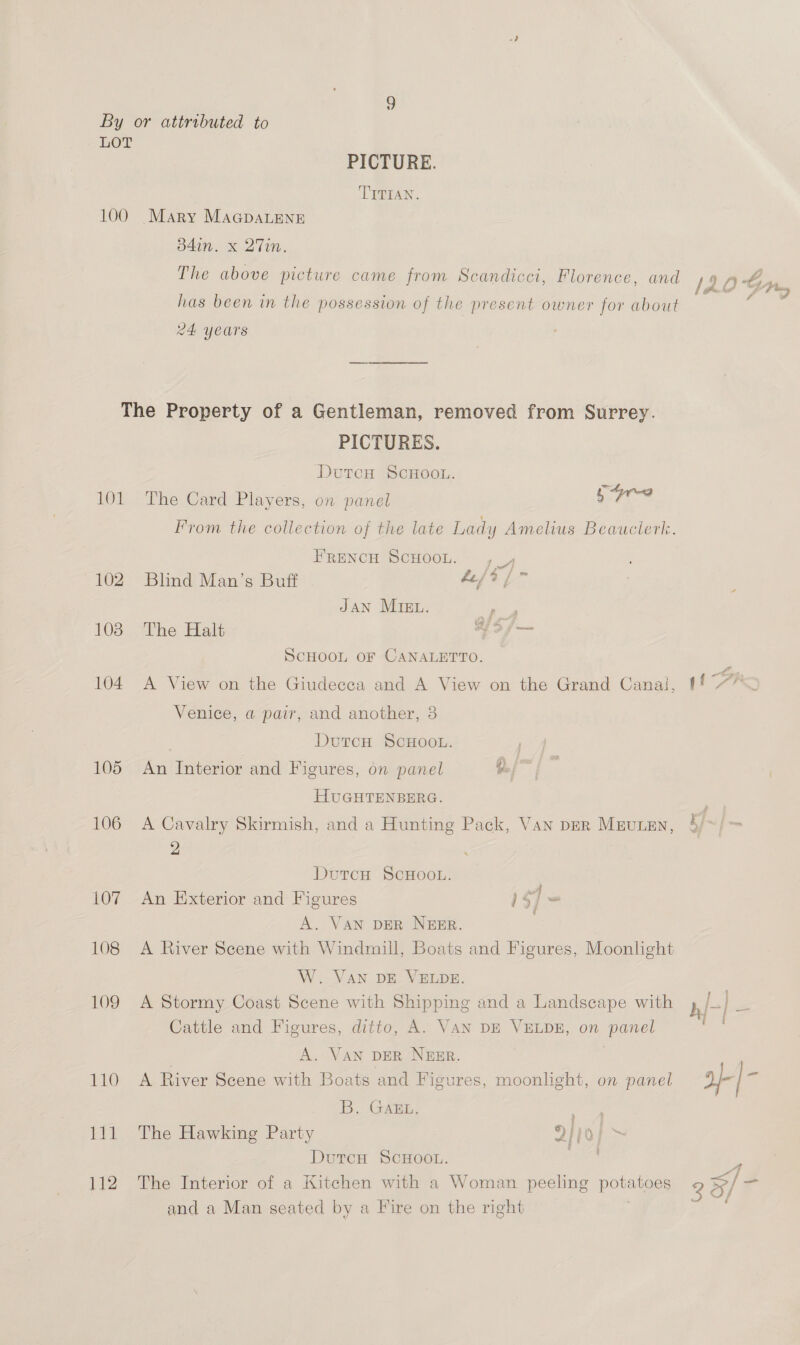 LOT PICTURE. TITIAN. 100 Mary MAGpaLENE d4in. x 27in. The above picture came from Scandicci, Florence, and 120 Gt, has been in the possession of the present owner for about 24 years The Property of a Gentleman, removed from Surrey. PICTURES. DutcH ScHooL. 101 The Card Players, on panel Sc From the collection of the late Lady Amelius Beauclerk. FRENCH SCHOOL. , 4 102 Blind Man’s Buff 4c/4 | ~ JAN MIEL. Pa 103 The Halt YS /— SCHOOL OF CANALETTO. ; 104 A View on the Giudecca and A View on the Grand Canai, 14/7” Venice, @ pair, and another, 3 DutcH SCHOOL. 105 An Interior and Figures, on panel % / HUGHTENBERG. 106 A Cavalry Skirmish, and a Hunting Pack, Van per MEuLen, J 7 2 DutcH ScHoo.. 107 An Exterior and Figures 14 ] “ A. VAN DER NEER. | 108 A River Scene with Windmill, Boats and Figures, Moonlight W. VAN DE VELDE. 109 A Stormy Coast Scene with Shipping and a Landscape with h/ f | Fe Cattle and Figures, ditto, A. VAN DE VELDE, on panel A. VAN DER NEER. 110 A River Scene with Boats and Figures, moonlight, on panel af-] * By GAME: Sa 111 The Hawking Party oJ | ho; Dutcu ScHoot. ee yr 112 The Interior of a Kitchen with a Woman peeling pos 2 os / F and a Man seated by a Fire on the right ;
