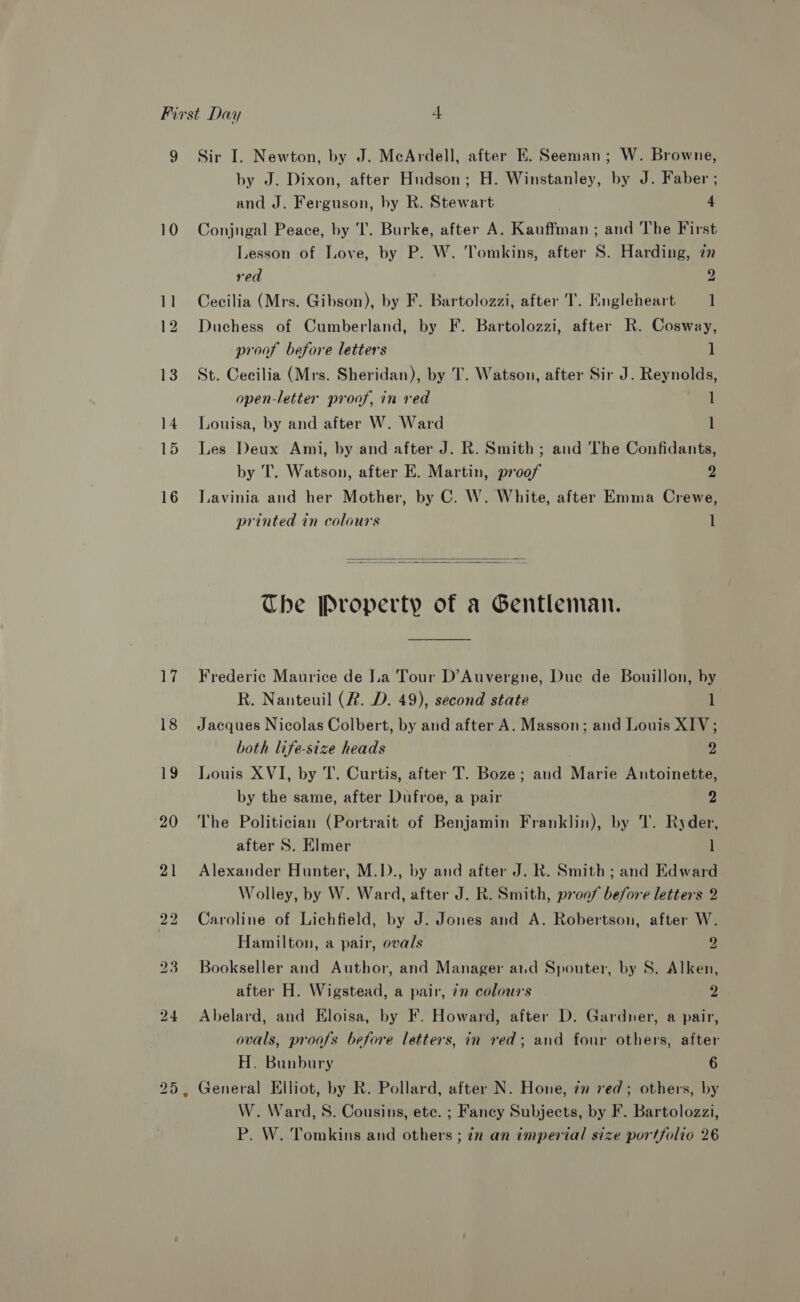 9 24 Sir I. Newton, by J. McArdell, after EK. Seeman; W. Browne, by J. Dixon, after Hudson; H. Winstanley, by J. Faber ; and J. Ferguson, by R. Stewart 4 Conjugal Peace, by T. Burke, after A. Kauffman ; and The First Lesson of Love, by P. W. Tomkins, after S. Harding, 7m rea 2 Cecilia (Mrs. Gibson), by F. Bartolozzi, after T. Engleheart 1 Duchess of Cumberland, by F. Bartolozzi, after R. Cosway, proof before letters 1 St. Cecilia (Mrs. Sheridan), by T. Watson, after Sir J. Reynolds, open-letter proof, in red l Louisa, by and after W. Ward 1 Les Deux Ami, by and after J. R. Smith; and ‘The Confidants, by T. Watson, after E. Martin, proof 2 Lavinia and her Mother, by C. W. White, after Emma Crewe, printed in colours 1   The Property of a Gentleman. Frederic Maurice de I.a Tour D’Auvergne, Due de Bouillon, by R. Nanteuil (R. D. 49), second state 1 Jacques Nicolas Colbert, by and after A. Masson; and Louis XIV; both life-size heads 2 Louis XVI, by T. Curtis, after T. Boze; and Marie Antoinette, by the same, after Dufroe, a pair 2 The Politician (Portrait of Benjamin Franklin), by T. Ryder, after S. Elmer l Alexander Hunter, M.D., by and after J. R. Smith ; and Edward Wolley, by W. Ward, after J. R. Smith, proof before letters 2 Caroline of Lichfield, by J. Jones and A. Robertson, after W. Hamilton, a pair, ovals 2 Bookseller and Author, and Manager a1.d Spouter, by S. Alken, after H. Wigstead, a pair, 77 colours 2 Abelard, and Eloisa, by F. Howard, after D. Gardner, a pair, ovals, proofs before letters, in red; and four others, after H. Bunbury 6 General Elliot, by R. Pollard, after N. Hone, 27 red; others, by W. Ward, S. Cousins, ete. ; Fancy Subjects, by F. Bartolozzi,