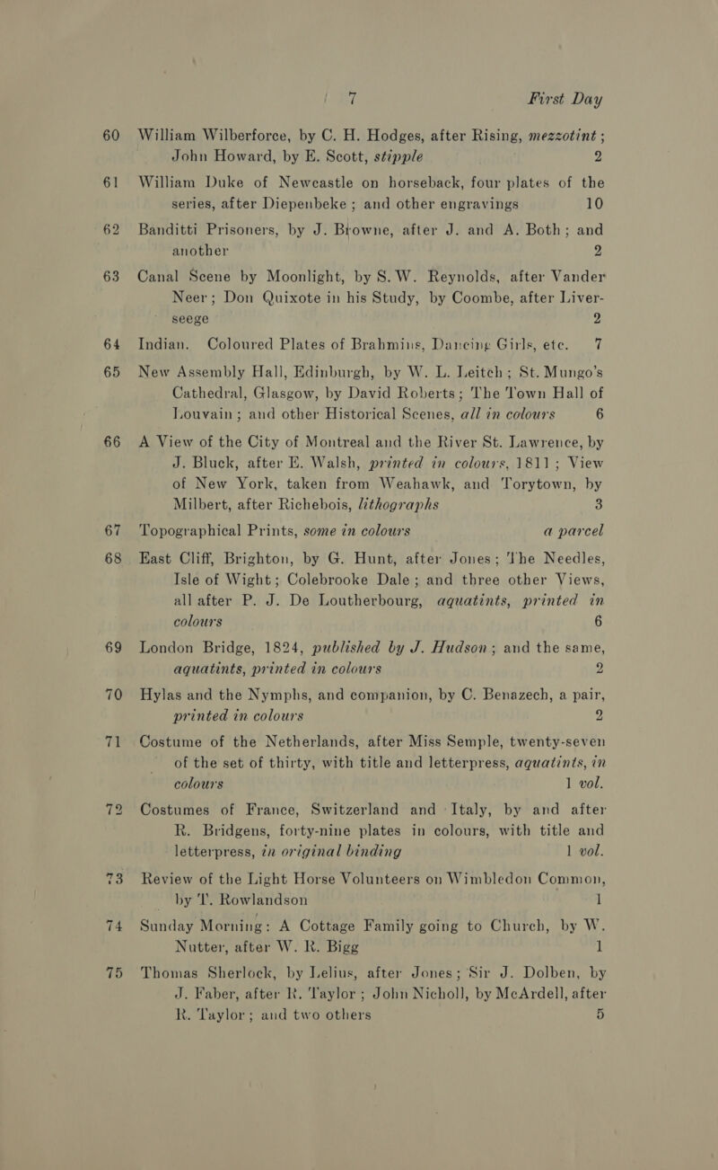 60 61 63 64 65 66 67 68 69 70 1! 7 First Day William Wilberforce, by C. H. Hodges, after Rising, mezzotint ; John Howard, by E. Scott, stipple 2 William Duke of Newcastle on horseback, four plates of the series, after Diepenbeke ; and other engravings 10 Banditti Prisoners, by J. Browne, after J. and A. Both; and another 2 Canal Scene by Moonlight, by S.W. Reynolds, after Vander Neer; Don Quixote in his Study, by Coombe, after Liver- seege 2 Indian. Coloured Plates of Brahmins, Dancing Girls, ete. 7 New Assembly Hall, Edinburgh, by W. L. Leitch; St. Mungo’s Cathedral, Glasgow, by David Roberts; The Town Hall of Louvain; and other Historical Scenes, all in colours 6 A View of the City of Montreal and the River St. Lawrence, by J. Bluck, after EK. Walsh, pranted in colours, 1811; View of New York, taken from Weahawk, and Torytown, by Milbert, after Richebois, lithographs % Topographical Prints, some in colours a parcel East Cliff, Brighton, by G. Hunt, after Jones; The Needles, Isle of Wight; Colebrooke Dale; and three other Views, all after P. J. De Loutherbourg, aquatinis, printed in colours 6 London Bridge, 1824, published by J. Hudson; and the same, aquatints, printed in colours 2 Hylas and the Nymphs, and companion, by C. Benazech, a pair, printed in colours y Costume of the Netherlands, after Miss Semple, twenty-seven of the set of thirty, with title and letterpress, aquatints, in colours 1 vol. Costumes of France, Switzerland and Italy, by and after R. Bridgens, forty-nine plates in colours, with title and letterpress, zz original binding 1 vol. Review of the Light Horse Volunteers on Wimbledon Common, _ by 'T. Rowlandson 1 Sunday Morning: A Cottage Family going to Church, by W. Nutter, after W. R. Bigg 1 Thomas Sherlock, by Lelius, after Jones; Sir J. Dolben, by J. Faber, after Rk. Taylor ; John Nicholl, by McArdell, after