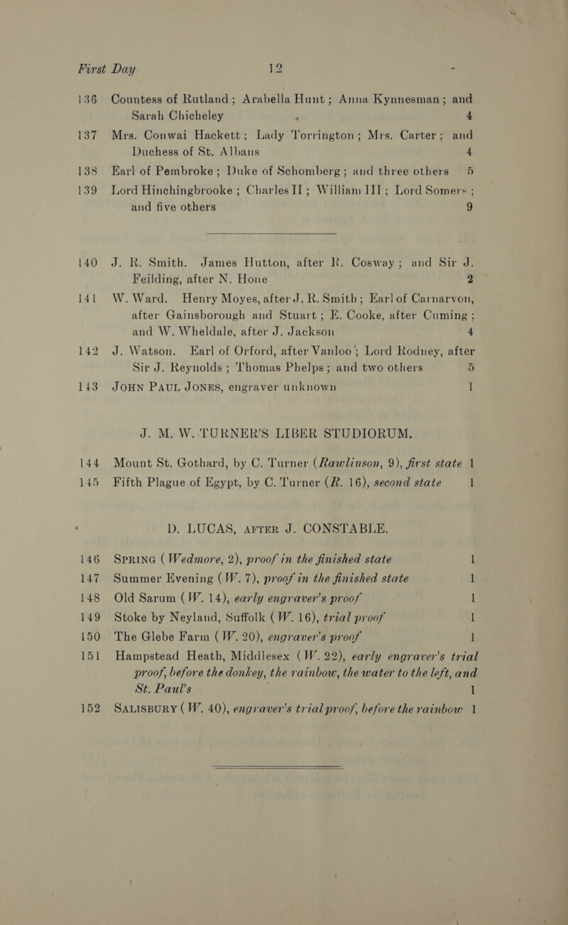 136 137 144 145 146 147 148 149 150 151 152 Countess of Rutland; Arabella Hunt; Anna Kynnesman; and Sarah Chicheley ; 4 Mrs. Conwai Hackett; Lady Torrington; Mrs. Carter; and Duchess of St. Albans 4 Earl of Pembroke; Duke of Schomberg; and three others 5 Lord Hinchingbrooke ; Charles II ; William III ; Lord Somers ; and five others 9  J. RK. Smith. James Hutton, after KR. Cosway; and Sir J. Feilding, after N. Hone 2 W. Ward. Henry Moyes, afterJ. R. Smith; Earl of Carnarvon, after Gainsborough and Stuart; E. Cooke, after Cuming ; and W. Wheldale, after J. Jackson 4 J. Watson. Earl of Orford, after Vanloo ; Lord Rodney, after Sir J. Reynolds ; Thomas Phelps; and two others 5 JOHN PAUL JONES, engraver unknown l J. M. W. TORNER’S LIBER STUDIORUM. Mount St. Gothard, by C. Turner (Rawlinson, 9), first state 1 Fifth Plague of Egypt, by C. Turner (R. 16), second state 1 D. LUCAS, Aarrer J. CONSTABLE. Sprine ( Wedmore, 2), proof in the finished state Summer Evening (W.7), proof in the finished state Old Sarum (W. 14), early engravers proof Stoke by Neyland, Suffolk (W. 16), trzal proof The Glebe Farm (W. 20), engravers proaf Hampstead Heath, Middlesex (W. 22), early engraver’s trial proof, before the donkey, the rainbow, the water to the left, and St. Paul's 1 SALISBURY ( W. 40), engraver’s trial proof, before the rainbow 1 le )  