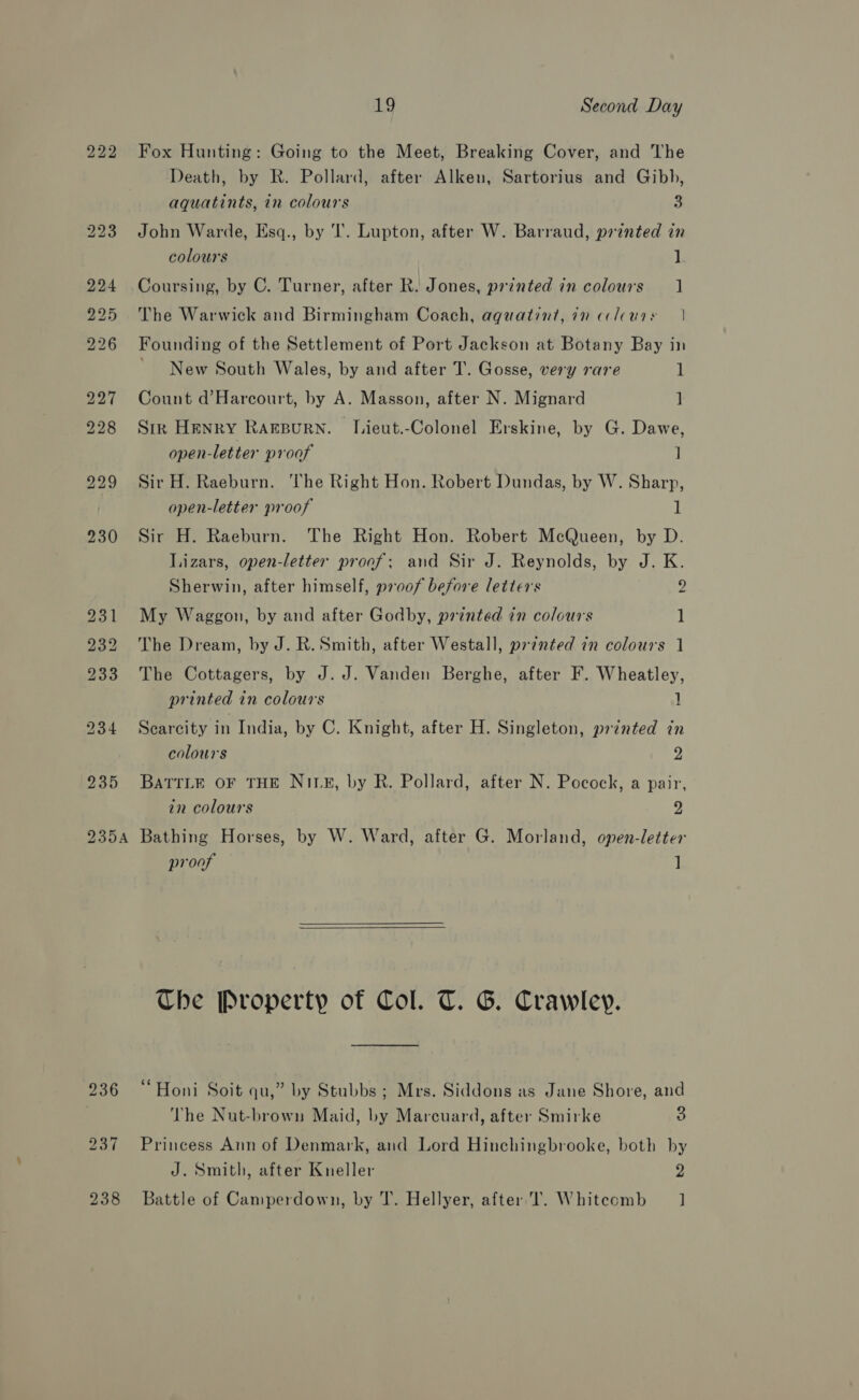 222 Fox Hunting: Going to the Meet, Breaking Cover, and The Death, by R. Pollard, after Alken, Sartorius and Gibb, aquatints, in colours 3 223 John Warde, Esq., by ‘I’. Lupton, after W. Barraud, printed in colours ] 224 Coursing, by C. Turner, after R. Jones, printed in colours 1 225 The Warwick and Birmingham Coach, aquatint, in colours | 226 Founding of the Settlement of Port Jackson at Botany Bay in New South Wales, by and after T. Gosse, very rare } 227 Count d’Harcourt, by A. Masson, after N. Mignard ] 228 Sir HENRY RARBURN. -Tieut.-Colonel Erskine, by G. Dawe, open-letter proof ] 929 Sir H. Raeburn. ‘The Right Hon. Robert Dundas, by W. Sharp, open-letter proof 1 230 Sir H. Raeburn. The Right Hon. Robert McQueen, by D. Lizars, open-letter proof; and Sir J. Reynolds, by J. K. Sherwin, after himself, p700f before letters 2 231 My Waggon, by and after Godby, printed in colours 1 232 The Dream, by J. R. Smith, after Westall, prented in colours 1 233 The Cottagers, by J.J. Vanden Berghe, after F. Wheatley, printed in colours 1 234 Scarcity in India, by C. Knight, after H. Singleton, printed in colours 2 235 BatrLe oF THE NILE, by R. Pollard, after N. Pocock, a pair, in colours 2 2354 Bathing Horses, by W. Ward, after G. Morland, open-letter proof 1 Che Property of Col. T. G. Crawley. 236 “Honi Soit qu,” by Stubbs; Mrs. Siddons as Jane Shore, and The Nut-brown Maid, by Marcuard, after Smirke 3 237 Princess Ann of Denmark, and Lord Hinchingbrooke, both by J. Smith, after Kneller 2 238 Battle of Camperdown, by T. Hellyer, after T. Whitcomb 1]