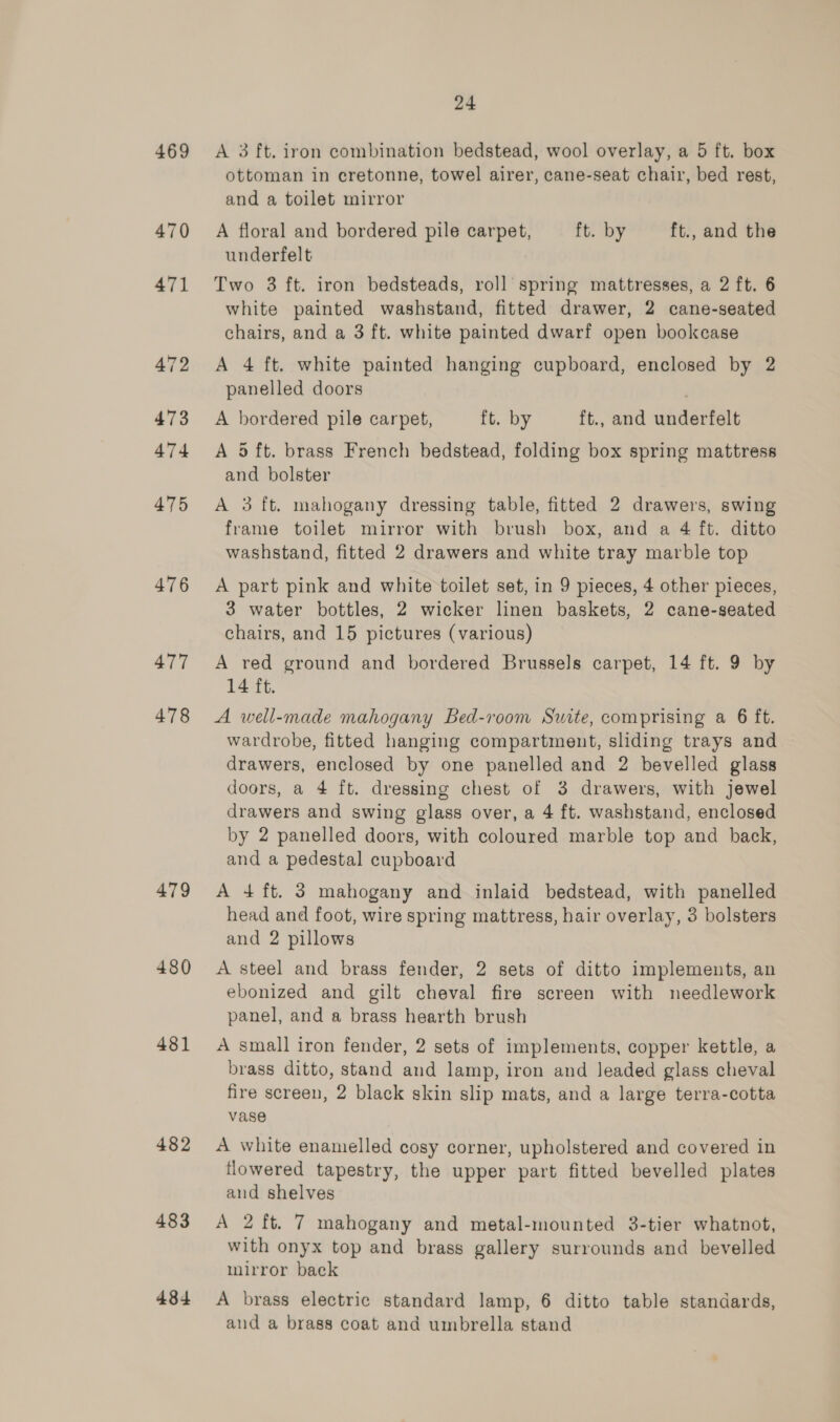 24 469 &lt;A 3 ft. iron combination bedstead, wool overlay, a 5 ft. box ottoman in cretonne, towel airer, cane-seat chair, bed rest, and a toilet mirror 470 A floral and bordered pile carpet, ft. by ft., and the underfelt 471 Two 3 ft. iron bedsteads, roll spring mattresses, a 2 ft. 6 white painted washstand, fitted drawer, 2 cane-seated chairs, and a 3 ft. white painted dwarf open bookcase 472 &lt;A 4 ft. white painted hanging cupboard, enclosed by 2 panelled doors 473 A bordered pile carpet, ft. by ft., and underfelt 474 A 5ft. brass French bedstead, folding box spring mattress and bolster 475 A 3 ft. mahogany dressing table, fitted 2 drawers, swing frame toilet mirror with brush box, and a 4 ft. ditto washstand, fitted 2 drawers and white tray marble top 476 A part pink and white toilet set, in 9 pieces, 4 other pieces, 3 water bottles, 2 wicker linen baskets, 2 cane-seated chairs, and 15 pictures (various) 477 A red ground and bordered Brussels carpet, 14 ft. 9 by 14 ft. 478 &lt;A well-made mahogany Bed-room Suite, comprising a 6 ft. wardrobe, fitted hanging compartment, sliding trays and drawers, enclosed by one panelled and 2 bevelled glass doors, a 4 ft. dressing chest of 3 drawers, with jewel drawers and swing glass over, a 4 ft. washstand, enclosed by 2 panelled doors, with coloured marble top and back, and a pedestal cupboard 479 A 4 ft. 3 mahogany and inlaid bedstead, with panelled head and foot, wire spring mattress, hair overlay, 3 bolsters and 2 pillows 480 A steel and brass fender, 2 sets of ditto implements, an ebonized and gilt cheval fire screen with needlework panel, and a brass hearth brush 481 A small iron fender, 2 sets of implements, copper kettle, a brass ditto, stand and lamp, iron and leaded glass cheval fire screen, 2 black skin slip mats, and a large terra-cotta vase 482 A white enamelled cosy corner, upholstered and covered in flowered tapestry, the upper part fitted bevelled plates and shelves 483 &lt;A 2 ft. 7 mahogany and metal-mounted 3-tier whatnot, with onyx top and brass gallery surrounds and bevelled mirror back 484 A brass electric standard lamp, 6 ditto table standards, and a brass coat and umbrella stand