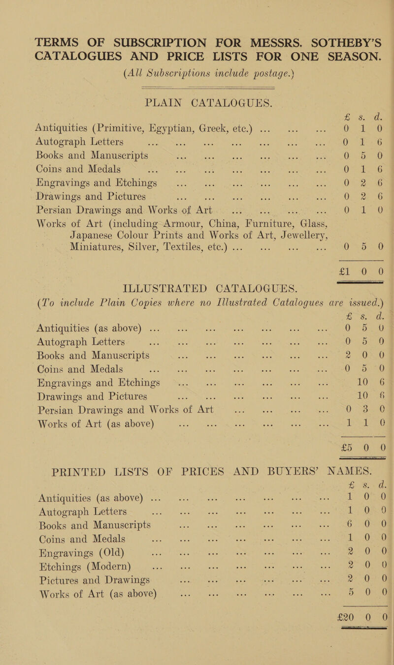 TERMS OF SUBSCRIPTION FOR MESSRS. SOTHEBY’S CATALOGUES AND PRICE LISTS FOR ONE SEASON. (All Subscriptions include postage.)   PLAIN CATALOGUES. £8.70. Antiquities (Primitive, Egyptian, Greek, ete.) ... Gis a 0) Autograph Letters &lt;a moe pa ee ie Siena Books and Manuscripts O50 Coins and Medals 0 K6 Engravings and Etchings 052-36 Drawings and Pictures On REG Persian Drawings and Works of Arb Oso Works of Art (including Armour, China, dita ‘Claes : Japanese Colour Prints and Works of A a ewellery, Miniatures, Silver, Textiles, etc.) .. ie O52 6 zk Oe  ILLUSTRATED CATALOGUES. (To wnelude Plain Copies where no Illustrated Catalogues are issued.)  ZS. G. Antiquities (as above) ... 0 o0 Autograph Letters 0 5 9 Books and Manuscripts 2 OX0 Coins and Medals Oe eee ere er Pineravines and Mitchings cy oa - | BGP ce eke koe 10 Drawings and Pictures oe Sea: le hee eee 10 6 Persian Drawings and Works of aes vat ides iss Slee oe eee Works of Art (as above) sds ‘Sesh cewek Se oaks OS ace ee eee £0 0. 0 PRINTED LISTS. OF PRICES AND BUYERS’ NAMES. | £. SoCs Antiquities (as above) ... i ae et) Autograph Letters 1: O80 Books and Manuscripts 6 ORG Coins and Medals wie tea Mea tee ee Gace te eo ke Hnegravings (Old) codul Say lat! aed SSR tee Reese a hee cee ae Etchings (Modern) 2 OU Pictures and Drawings a OG Works of Art (as above) a ORG £20 -Q 3G