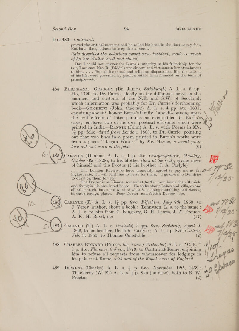 Lot 483—continued. proved the critical moment and he rolled his head in the dust at my feet, But have the goodness to keep this a secret. (this describes the notorious sword-cane incident, made so much of by Sir Walter Scott and others) But I could not answer for Burns’s integrity in his friendship for the fair, ] am sure Mrs. R. (Riddel) was sincere and virtuous in her attachment to him. . . . But all his moral and religious dispositions, like the actions of his life, were governed by passion rather than founded on the basis of principle—etc. 484 Burnstana. Grecory (Dr. James, Edinburgh) A. L. s. 5 pp. 4to, 1799, to Dr. Currie, chiefly on the difference between the / manners and customs of the N.E. and S.W. of Scotland, y which information was probably for Dr. Currie’s forthcoming \f } book—GiucurRist (John, Calcutta) A. L. s. 4 pp. 4to, 1801, yer enquiring about ‘“‘ honest Burns’s family,” and discoursing upon \' case; encloses two of his own poetical effusions which were — printed in India—Ranniz (John) A. L. s. with Poems in MS. 34 pp. folio, dated from London, 1803, to Dr.. Currie, pointing out that two lines in a poem printed in Burns’s works were << from a poem “ Logan Water,” by Mr. Mayne, a small piece \ torn out and worn at the folds (6) the evil effects of intemperance as exemplified in nee  6 4485 ACARLYLE (Thomas) A. L. s. 1 p. 4to, Craigenputtock, Monday, .- &amp; \ October 6th (1828), to his Mother (torn at the seal), giving news SP ‘ efor of himself and the Doctor (? his brother, J. A. Carlyle) ware VF f YF f The London Reviewers have anxiously agreed to pay me at theeee highest rate, if I will continue to write for them. I go down to Dumfries: to draw on them for 50. rag, lag oA” . The Doctor is at Vienna, somewhat farther from home than Munich, and living in his own hired house ! He talks about Lakes and villages and f . all other trash, but not a word of what he is doing stumbling and clooting in these foreign places. Poor Doctor, and foolish Doctor—ete. ee ies [0- 486), CaRLyLe (T.) A. L. s. 13 pp. 8vo, Fifeshire, July 8th, 1859, to net me = J. Verey, author, about a book ; Tennyson, L. s. to the same ; A. L. s. to him fron C. Kingsley, G. H. Lewes, J. A. Froude, A. K. H. Boyd, ete. (17)  | CARLYLE (T.) A. L. s. (enitrals) 3 pp. 8vo, Scotsbrig, April 9, 1866, to his brother, Dr. John Carlyle ; A. L. 1 p. 8vo, Chelsea, Feb. 3, 1855, to Thomas Constable (2)  488 CHARLES KpWaRD (Prince, the Young Pretender) A. L.s. “C.R.,” 1 p. 4to, Florence, 8 Juin, 1779, to Cantini at Rome, enjoining him to refuse all requests from whomsoever for lodgings in his palace at Rome, with seal of the Royal Arms of England 489 Dickens (Charles) A. L. s. 4 p. 8vo, November 12th, 1859 ; Thackeray (W. M.) A. L. s. 4 p. 8vo (no date), both to B. W. Proctor | (2) 