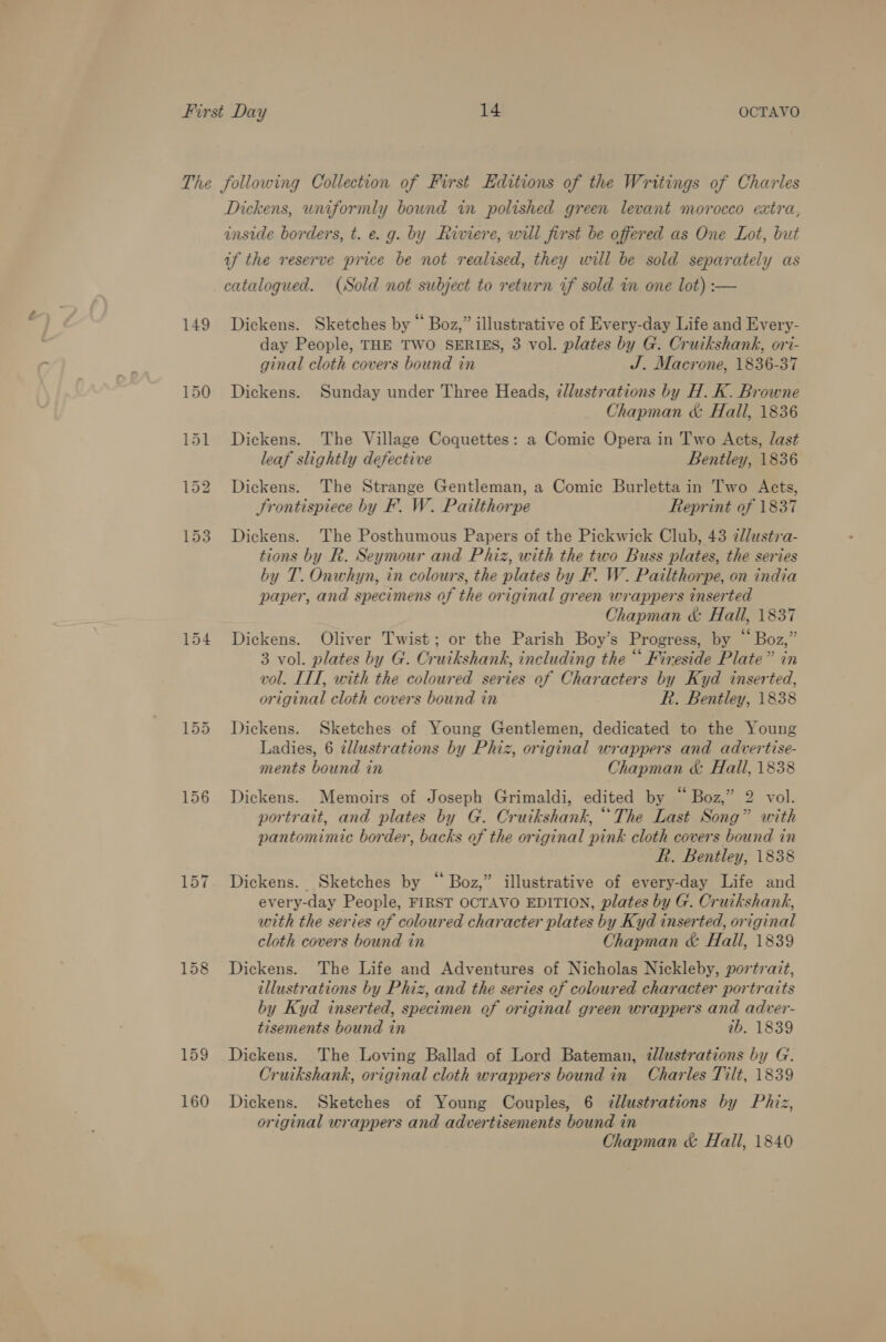 149 inside borders, t. e. g. by Riviere, will first be offered as One Lot, but uf the reserve price be not realised, they will be sold separately as catalogued. (Sold not subject to return if sold in one lot) :-— Dickens. Sketches by “ Boz,” illustrative of Every-day Life and Every- day People, THE TWO SERIES, 3 vol. plates by G. Cruikshank, ori- ginal cloth covers bound in J. Macrone, 1836-37 Dickens. Sunday under Three Heads, @llustrations by H. K. Browne Chapman &amp; Hall, 1836 Dickens. The Village Coquettes: a Comic Opera in Two Acts, last leaf slightly defective Bentley, 1836 Dickens. The Strange Gentleman, a Comic Burletta in Two Acts, TSrontispiece by F. W. Pailthorpe Reprint of 1837 Dickens. The Posthumous Papers of the Pickwick Club, 43 2dlustra- tions by R. Seymour and Phiz, with the two Buss plates, the series by T. Onwhyn, in colours, the plates by F. W. Pailthorpe, on india paper, and specimens of the original green wrappers inserted Chapman &amp; Hall, 1837 Dickens. Oliver Twist; or the Parish Boy’s Progress, by “Boz,” 3 vol. plates by G. Cruikshank, including the “ Fireside Plate” in vol. IIT, with the coloured series of Characters by Kyd inserted, original cloth covers bound in R. Bentley, 1838 Dickens. Sketches of Young Gentlemen, dedicated to the Young Ladies, 6 illustrations by Phiz, original wrappers and advertise- ments bound in Chapman &amp; Hall, 1838 Dickens. Memoirs of Joseph Grimaldi, edited by “Boz,” 2 vol. portrait, and plates by G. Cruikshank, “The Last Song” with pantomimic border, backs of the original pink cloth covers bound in Rh. Bentley, 1838 Dickens. Sketches by “Boz,” illustrative of every-day Life and every-day People, FIRST OCTAVO EDITION, plates by G. Cruikshank, with the series of coloured character plates by Kyd inserted, original cloth covers bound in Chapman &amp; Hall, 1839 Dickens. The Life and Adventures of Nicholas Nickleby, portrait, illustrations by Phiz, and the series of coloured character portraits by Kyd inserted, specimen of original green wrappers and adver- tisements bound in ib. 1839 Dickens. The Loving Ballad of Lord Bateman, illustrations by G. Cruikshank, original cloth wrappers bound in Charles Tilt, 1839 Dickens. Sketches of Young Couples, 6 7llustrations by Phiz, original wrappers and advertisements bound in Chapman &amp; Hall, 1840