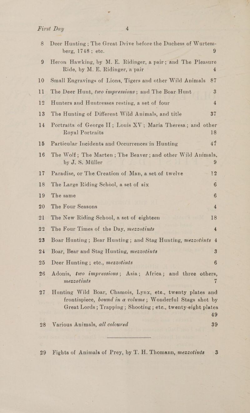 8 28 Deer Hunting ; The Great Drive before the Duchess of Wurtem- berg, 1748; ete. 9 Heron Hawking, by M. E. Ridinger, a pair; and The Pleasure Ride, by M. E. Ridinger, a pair 4 Small Engravings of Lions, Tigers and other Wild Animals 87 The Deer Hunt, two peels and The Boar Hunt 3 Hunters and Huntresses resting, a set of four 4 The Hunting of Different Wild Animals, and title 37 Portraits of George II; Louis XV; Maria Theresa; and other Royal Portraits 18 Particular Incidents and Occurrences in Hunting 47 The Wolf; The Marten; The Beaver; and other Wild Animals, by J. S. Miller 9 Paradise, or The Creation of Man, a set of twelve 12 The Large Riding School, a set of six 6 The same 6 The Four Seasons 4 The New Riding School, a set of eighteen 18 The Four Times of the Day, mezzotints 4 Boar Hunting; Bear Hunting; and Stag Hunting, mezzotints 4 Boar, Bear and Stag Hunting, mezzotints 3 Deer Hunting; etc., mezzotints 6 Adonis, two impressions; Asia; Africa; and three others, mezzotints 7 Hunting Wild Boar, Chamois, Lynx, ete., twenty plates and frontispiece, bound in a volume; Wonderful Stags shot by Great Lords; Trapping ; Shooting ; etc., twenty-eight plates” 49 Various Animals, all coloured 39