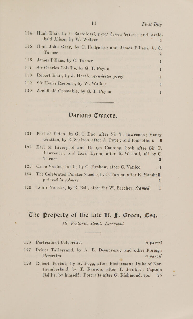 114 Hugh Blair, by F. Bartolozzi, prog before letters; and Archi- bald Alison, by W. Walker 2 115 Hon. John Gray, by T. Hodgetts; and James Pillans, by C. Turner Z 116 James Pillans, by C. Turner 117 Sir Charles Colville, by G. 'l, Payne 118 Robert Blair, by J. Heath, open-letter proofs 119 Sir Henry Raeburn, by W. Walker 120 Archibald Constable, by G. T. Payne ee !  Various Owners.  121 Earl of Eldon, by G. 'T. Doo, after Sir T. Lawrence; Henry Grattan, by E. Scriven, after A. Pope; and four others 6 122 Karl of Liverpool and George Canning, both after Sir T. Lawrence; and Lord Byron, after R. Westall, all by C. Turner 3 123 Carle Vanloo, le fils, by C. Exshaw, after C. Vanloo 1 124 ‘he Celebrated Pointer Sancho, by C. Turner, after B. Marshall, printed in colours i! 125 Lorp Ne son, by E. Bell, after Sir W. Beechey, famed 1   Che Property of the late KR. F. Green, Esq. 16, Vietorva Road. Liverpool. 126 Portraits of Celebrities a parcel 127 Prince Talleyrand, by A. B. Desnoyers; and other Foreign Portraits a parcel 128 Robert Forfeit, by A. Fogg, after Biederman; Duke of Nor- thumberland, by T. Ranson, after T. Phillips; Captain Baillie, by himself; Portraits after G. Richmond, ete. 25