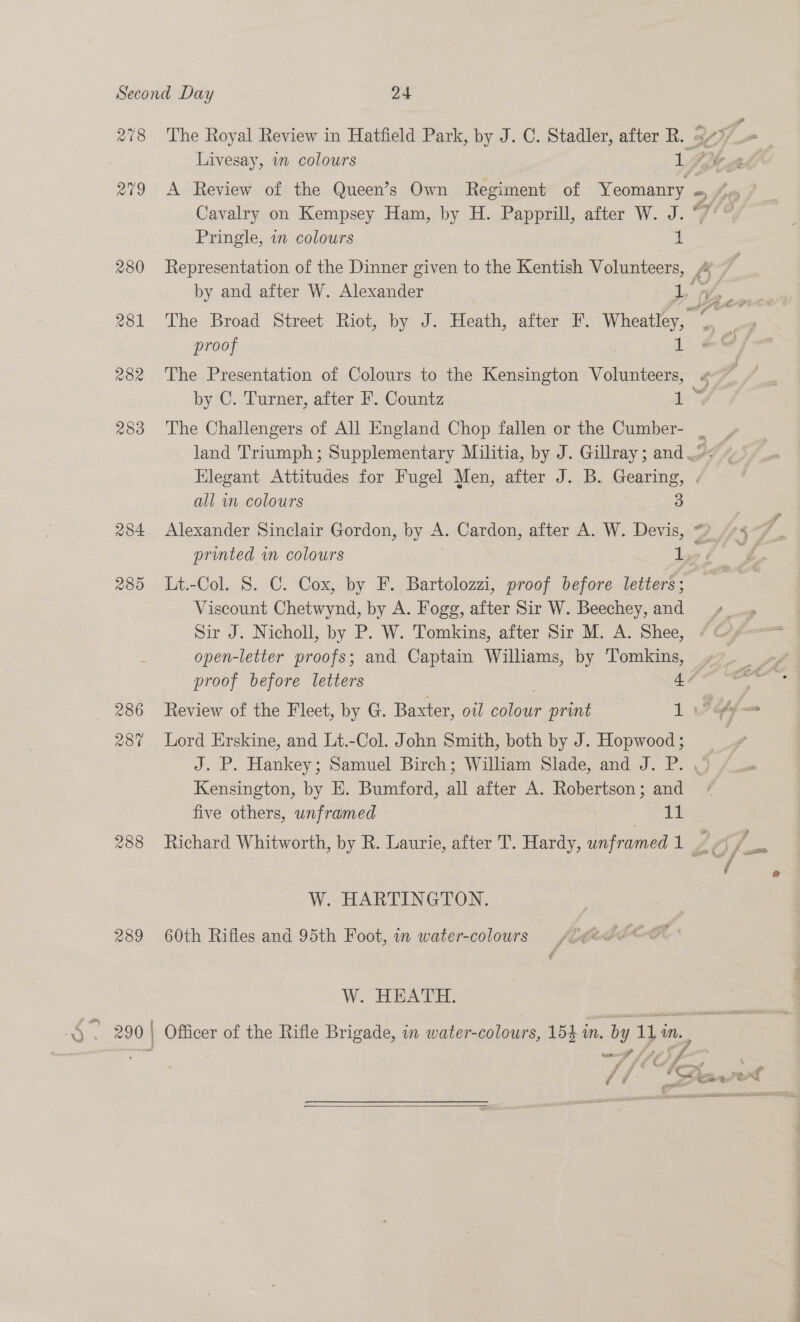 218 avg 280 280 288 289 290 | The Royal Review in Hatfield Park, by J. C. Stadler, after R. 979/_- Livesay, in colours ital A Review of the Queen’s Own Regiment of Yeomanry + es Cavalry on Kempsey Ham, by H. Papprill, after W. J. “7° ~ Pringle, in colours 1 Representation of the Dinner given to the Kentish Volunteers, 4 by and after W. Alexander Le The Broad Street Riot, by J. Heath, after F. Wheatley, “ proof is The Presentation of Colours to the Kensington Volunteers, by C. Turner, after F. Countz 1 The Challengers of All England Chop fallen or the Cumber- p land Triumph; Supplementary Militia, by J. Gillray ; and 2°: Elegant Attitudes for Fugel Men, after J. B. Gearing, . all mm colours 3 Alexander Sinclair Gordon, by A. Cardon, after A. W. Devis, —?_ 474-7 printed in colours ne ieee Lt.-Col. S. C. Cox, by F. Bartolozzi, proof before letters; Viscount Chetwynd, by A. Fogg, after Sir W. Beechey, and Sir J. Nicholl, by P. W. Tomkins, after Sir M. A. Shee, open-letter proofs; and Captain Williams, by Tomkins, proof before letters 4e = Neat” Review of the Fleet, by G. Baxter, oul sabi print iv A Lord Erskine, and Lt.-Col. John Smith, both by J. Hopwood ; J. P. Hankey; Samuel Birch; William Slade, and J. P. \% Kensington, by E. Bumford, all after A. Robertson; and five others, unframed eae Richard Whitworth, by R. Laurie, after 'T. Hardy, unframed 1 / ie rs W. HARTINGTON. 60th Rifles and 95th Foot, in water-colours | W. HEATH. Officer of the Rifle Brigade, in water-colours, 154 an. by Li it ee ee P Z ‘ ‘ f ftv »f —: ; s— red f ‘ wee