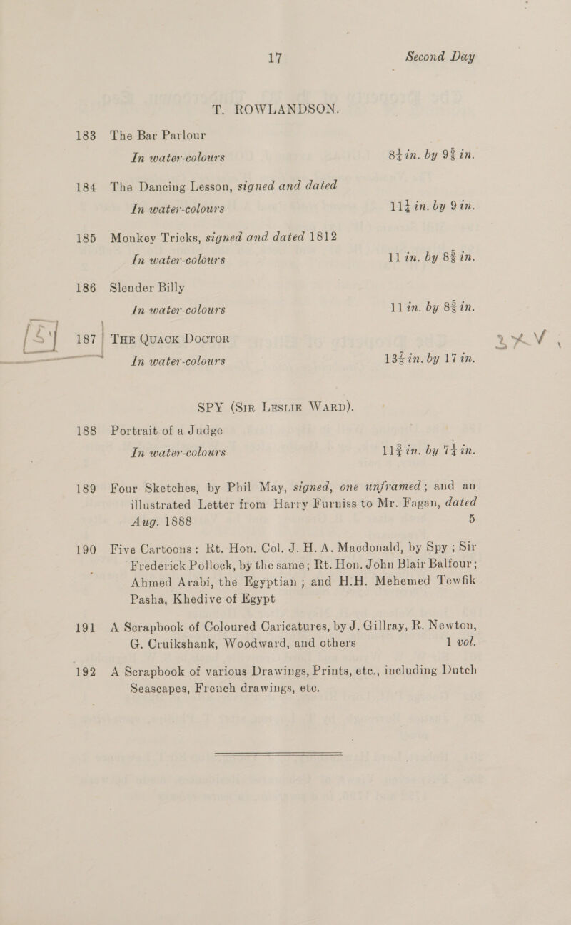 183 184 185 186 i, = fE] vw ss — ——— 188 189 190 191 192 17 Second Day T. ROWLANDSON. The Bar Parlour In water-colours Shin. by 98 in. The Dancing Lesson, signed and dated In water-colours 114 in. by 9 in. Monkey Tricks, stgned and dated 1812 In water-colours ll in. by 8% in. Slender Billy ln water-colours llin. by 83in. THE QUACK DocTOR In water-colours 13g in. by 17 in. SPY (Sir Lesnie Warp). Portrait of a Judge In water-colours llZin. by Td in. Four Sketches, by Phil May, signed, one unframed; and an illustrated Letter from Harry Furniss to Mr. Fagan, dated Aug. 1888 5 Five Cartoons: Rt. Hon. Col. J. H. A. Macdonald, by Spy ; Sir Frederick Pollock, by the same; Rt. Hon. John Blair Balfour ; Ahmed Arabi, the Egyptian ; and H.H. Mehemed Tewfik Pasha, Khedive of Egypt A Scrapbook of Coloured Caricatures, by J. Gillray, R. Newton, G. Cruikshank, Woodward, and others 1 vol. A Serapbook of various Drawings, Prints, ete., including Dutch Seascapes, French drawings, ete. 