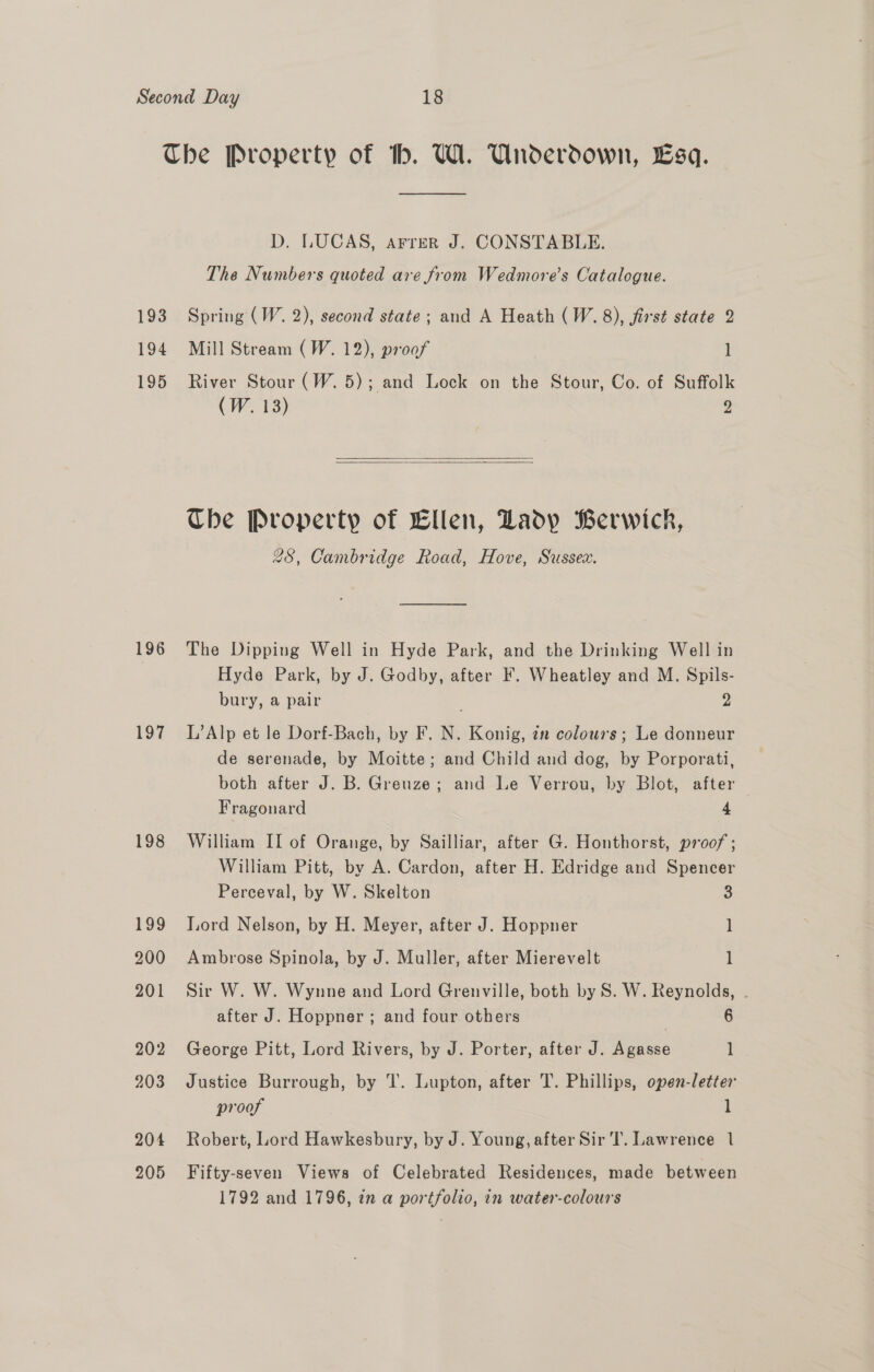 D. LUCAS, arrer J. CONSTABLE. The Numbers quoted are from Wedmore’s Catalogue. 196 197 198 199 200 201 202 203 204 205 (W. 13) 2   The Property of Ellen, Ladp Berwick, 28, Cambridge Road, Hove, Sussex. The Dipping Well in Hyde Park, and the Drinking Well in Hyde Park, by J. Godby, after F. Wheatley and M. Spils- bury, a pair 2 L’Alp et le Dorf-Bach, by F. N. Konig, zn colours; Le donneur de serenade, by Moitte; and Child and dog, by Porporati, both after J. B. Greuze; and Le Verrou, by Blot, after Fragonard 4 William II of Orange, by Sailliar, after G. Honthorst, proof; William Pitt, by A. Cardon, after H. Edridge and Spencer Perceval, by W. Skelton 3 Lord Nelson, by H. Meyer, after J. Hoppner ] Ambrose Spinola, by J. Muller, after Mierevelt 1 Sir W. W. Wynne and Lord Grenville, both by S. W. Reynolds, . after J. Hoppner ; and four others | 6 George Pitt, Lord Rivers, by J. Porter, after J. Agasse ] Justice Burrough, by I’. Lupton, after T. Phillips, open-letter proof 1 Robert, Lord Hawkesbury, by J. Young, after Sir Tl’. Lawrence 1 Fifty-seven Views of Celebrated Residences, made between 1792 and 1796, in a portfolio, in water-colours