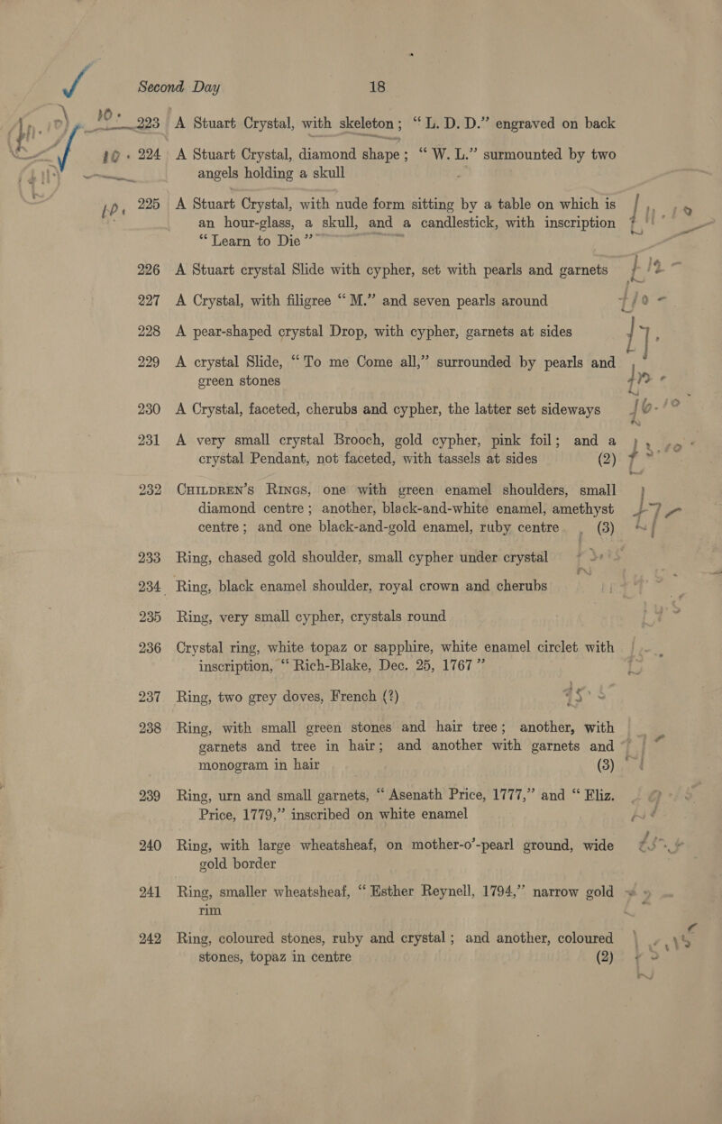 | 0 E288 bP 225 226 227 241 242 A Stuart Crystal, with skeleton ; “th. D. D.” engraved on back angels holding a skull A Stuart Crystal, with nude form sitting by a table on which is an hour-glass, a skull, and | a candlestick, with inscription “Learn to Die” A Stuart crystal Slide with cypher, set with pearls and garnets A Crystal, with filigree “ M.” and seven pearls around A pear-shaped crystal Drop, with cypher, garnets at sides A crystal Slide, “To me Come all,” surrounded by pearls and green stones A Crystal, faceted, cherubs and cypher, the latter set sideways A very small crystal Brooch, gold cypher, pink foil; and a crystal Pendant, not faceted, with tassels at sides (2) CHILDREN’S Runes, one with green enamel shoulders, small diamond centre; another, black-and-white enamel, amethyst centre ; and one black-and-gold enamel, ruby centre. . (3) Ring, chased gold shoulder, small cypher under crystal Ring, very small cypher, crystals round Crystal ring, white topaz or sapphire, white enamel circlet with inscription, ‘ Rich-Blake, Dec. 25, 1767 ” a Ring, two grey doves, French (?) 43° Ring, with small green stones and hair tree ; another, with garnets and tree in hair; and another with garnets and fr a Tt. ' hse ic C@rennnf 4 3 * Ring, urn and small garnets, “ Asenath Price, 1777,” and “ Eliz. Price, 1779,” inscribed on white enamel Ring, with large. wheatsheaf, on mother-o’-pearl ground, wide gold border Ring, smaller wheatsheaf, “‘ Esther Reynell, 1794,” narrow gold rim. Ring, coloured stones, ruby and crystal; and another, coloured