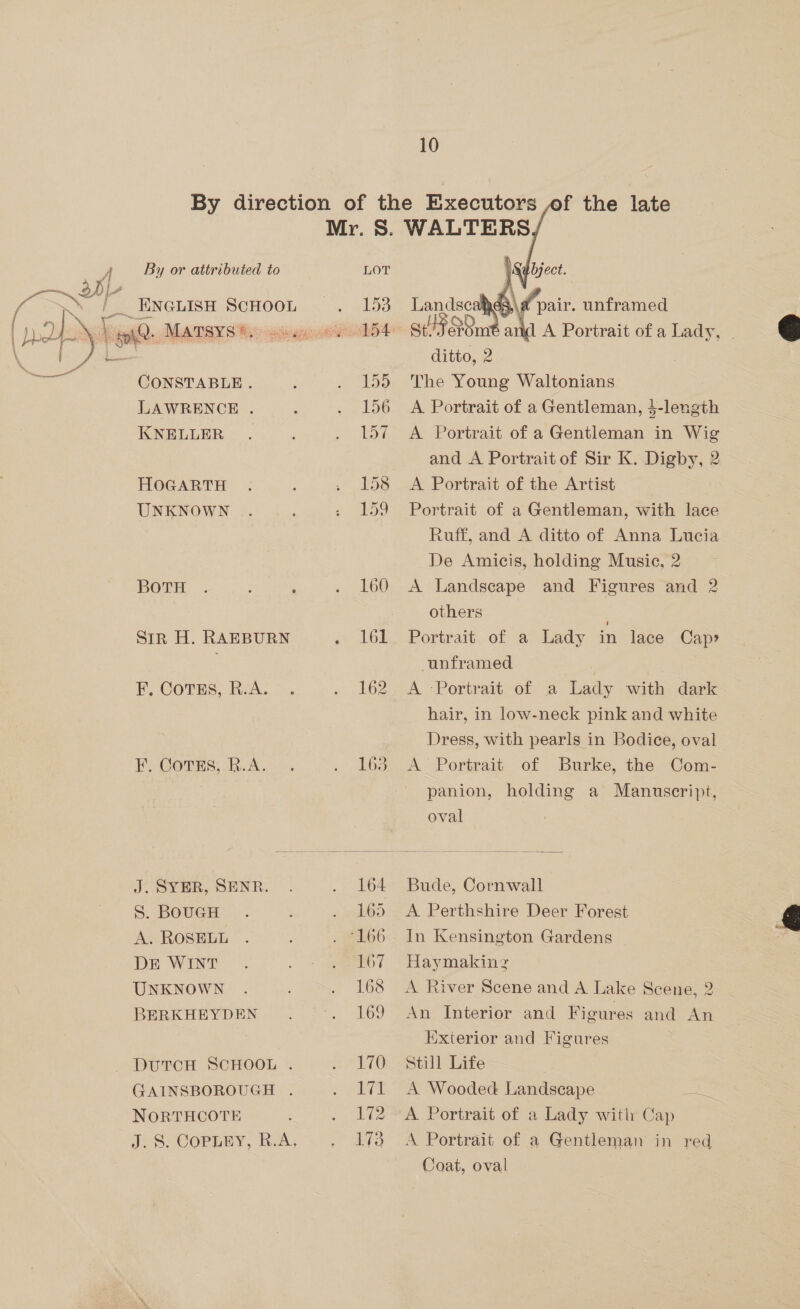 CONSTABLE . LAWRENCE . KNELLER HOGARTH UNKNOWN BoTH Sir H. RAEBURN F, CoTEs, R.A. ¥’, CoTus,. R.A. J. SYER, SENR. S. BOUGH A. ROSELL DE WINT UNKNOWN BERKHEYDEN DUTCH SCHOOL . GAINSBOROUGH . NORTHCOTE By direction of the Executors f the late Mr. 8S. WALTERS LOT ys 153 me ate bee unframed sabbt- St ~ nd A Portrait of a Lady, | ditto, -. 155 The Young Waltonians 156 A Portrait of a Gentleman, $-length 157 A Portrait of a Gentleman in Wig and A Portrait of Sir K. Digby, 2 158 <A Portrait of the Artist 159 Portrait of a Gentleman, with lace Ruff, and A ditto of Anna Lucia De Amicis, holding Music, 2 160 A Landscape and Figures and 2 others 161. Portrait of a Lady in lace Cap» unframed 162 A Portrait of a Lady with dark hair, in low-neck pink and white Dress, with pearls in Bodice, oval 163,:.A Portrait of Burke, the. Com- panion, holding a Manuscript, oval 164 Bude, Cornwall 165 A Perthshire Deer Forest ‘166 In Kensington Gardens 167 Haymakinz 168 <A River Scene and A Lake Scene, 2 169 An Interior and Figures and An Exterior and Figures 170. Still Life 171 A Wooded Landscape ely 172 A Portrait of a Lady with Cap 173 A Portrait of a Gentleman in red 10  Coat, oval  
