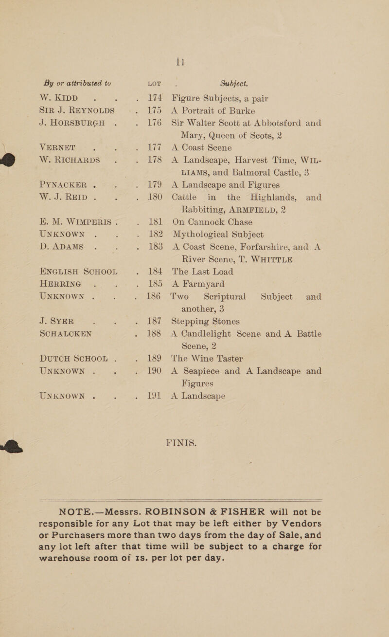 W. KIDD SIR J. REYNOLDS J. HORSBURGH VERNET W. RICHARDS PYNACKER . WodeREID =: E. M. WIMPERIS . UNKNOWN D. ADAMS ENGLISH SCHOOL HERRING UNKNOWN J. SYER SCHALCKEN DUTCH SCHOOL . UNKNOWN . ; UNKNOWN .,  11 Figure Subjects, a pair A Portrait of Burke Sir Walter Scott at Abbotsford and Mary, Queen of Scots, 2 A Coast Scene A Landscape, Harvest Time, WIL- LIAMS, and Balmoral Castle, 3 A Landscape and Figures Cattle in the MHighlands, and Rabbiting, ARMFIELD, 2 On Cannock Chase Mythological Subject A Coast Scene, Forfarshire, and A River Scene, T. WHITTLE The Last Load A Farmyard Scriptural another, 3 Stepping Stones A Candlelight Scene and A Battle Scene, 2 The Wine Taster A Seapiece and A Landscape and Figures Two Subject and A Landscape FINIS.    