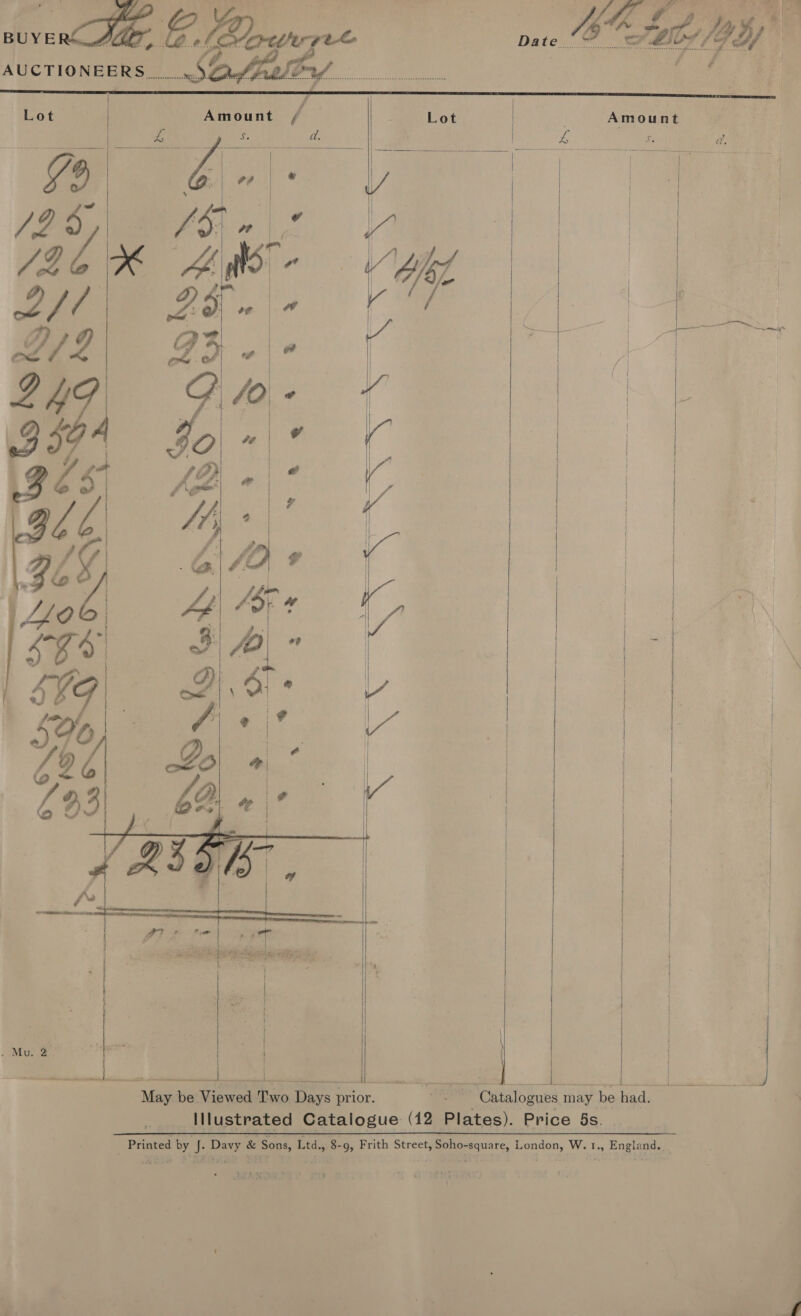 oa Bo hy / f Ps  Lot Amount       ES          ee        | | | | a 3 “fs | | | | ee ke ainsiasdsiitel se L a — et | a a ee 8 a r eS es | esas aati May be Viewed Two Days prior. ~. Catalogues may be had. 7 Illustrated Catalogue (12 Plates). Price 5s. Printed by J. Davy &amp; Sons, Ltd., S-o; Frith Street, Soho-square, London, W. 1., England.