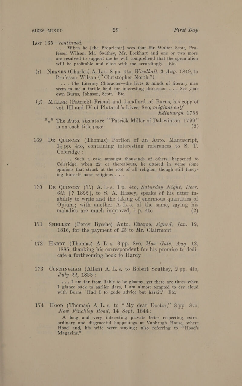 Lor 165—continued. . . . Wken he [the Proprietor] sees that Sir Walter Scott, Pro- fessor Wilson, Mr. Southey, Mr. Lockhart and one or two more are resolved to support me he will comprehend that the speculation will be profitable and close with me accordingly. Etc. (2) Nweaves (Charles) A. L.s. 8 pp. 4to, Woodhall, 3 Aug. 1849, to Professor Wilson (“Christopher North ”) ... The Literary Character—the lives &amp; minds of literary men seem to me a fertile field for interesting discussion . .. See your own Burns, Johnson, Scott. Etc. (7). Mituer (Patrick) Friend and Landlord of Burns, his copy of vol. III and IV of Plutarch’s Lives, 8vo, original calf Kdinburgh, 1758 *.* The Auto. signature “ Patrick Miller of Dalswinton, 1799” is on each title-page. (3) 169 De Quincey (Thomas) Portion of an Auto. Manuscript, 14 pp. 4to, containing interesting references to S. T. Coleridge : . Such a case amongst thousands of others, happened to Coleridge, wken 22, or thereabouts, he uttered in verse some opinions that struck at the root of all religion, though still fancy- ing himself most religious . 170 De Quincey (T.) A.L-s. 1p. 4to, Saturday Night, Decr. 6th [? 1822], to S. A. Hissey, speaks of his utter in- ability to write and the taking of enormous quantities of Opium; with another A.L.s. of the same, saying his maladies are much improved, 1p. 4to (2) 171 Swueptey (Percy Bysshe) Auto. Cheque, signed, Jan. 12, 1816, for the payment of £5 to Mr. Clairmont 172 Harpy (Thomas) A.L.s. 3 pp. 8vo, Maz Gate, Aug. 12, 1885, thanking his correspondent for his promise to dedi- cate a forthcoming book to Hardy 173 CunNnINGHAM (Allan) A. L.s. to Robert Southey, 2 pp. 4to, July 22, 1822: ... 1 am far from liable to be gloomy, yet there are times when I glance back to earlier days, I am almost tempted to cry aloud with Burns ‘Had I to gude advice but harkit.’ Etc. 174 Hoop (Thomas) A.L.s. to “ My dear Doctor,” 8 pp. 8vo, New Finchley Road, 14 Sept. 1844: A long and very interesting private letter respecting extra- ordinary and disgraceful happenings at Vanbrugh House, where Hood and, his wife were staying; also referring to ‘“ Hood’s Magazine.”