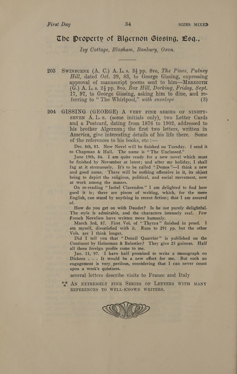 The Property of Hlgernon Gissing, Esq., Ivy Cottage, Blotham, Banbury, Oxon. 203 Swinzpurne (A. C.) A. L.s. 24 pp. 8vo, The Pines, Putney Hill, dated Oct. 29, 83, to George Gissing, expressing approval of manuscript poems sent to him—MEREDITH (G.) A. L. s. 24 pp. 8vo. Box Hill, Dorking, Friday, Sept. 17, 97, to George Gissing, asking him to dine, and re- ferring to “ The Whirlpool,” with envelope (3) 204 GISSING (GEORGE) A VERY FINE SERIES OF NINETY- SEVEN A.L.s. (some initials only), two Letter Cards and a Postcard, dating from 1876 to 1902, addressed to his brother Algernon; the first two letters, written in America, give interesting details of his life there. Some Dec. 8th, 83. New Novel will be finished on Tuesday. I send it to Chapman &amp; Hall. The name is “The Unclassed.” June 19th, 84. I am quite ready for a new novel which must be finished by November at latest; and after my holiday, I shall fag at it strenuously. It’s to be called “ Demos”—I think a new and good name. There will be nothing offensive in it, its object being to depict the religious, political, and social movement, now at work among the masses. On re-reading “Isobel Clarendon” I am delighted to find how good it is; there are pieces of writing, which, for tke mere English, can stand by anything in recent fiction; that I am assured of. How do you get on with Daudet? Is-he not purely delightful. Tke style is admirable, and the characters intensely real. Few {french Novelists have written more humanly. March 3rd, 87. First Vol. of “’Thyrza” finished in proof. I am myself, dissatisfied with it. Runs to 291 pp. but the other Vols. are I think longer. Did I tell you that “Denzil Quarrier” is published on the Continent by Heineman &amp; Balestier? They give 25 guineas. Half all these foreign profits come to me. Jan. 11, 97. I have half promised to write a monograph on Dickens . . . It would be a new effort for me. But such an engagement is very, perilous, considering thati I can never count upon a week’s quietness. several letters describe visits to France and Italy    “* AN EXTREMELY FINE SERIES OF LETTERS WITH MANY REFERENCES TO WELL-KNOWN WRITERS. 