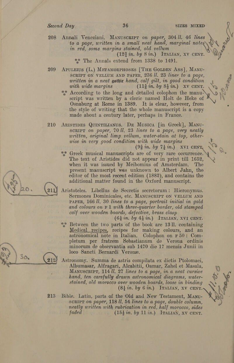 Second Day. eG SIZES MIXED 208 Annali Veneziani. Manuscrirr on paper, 304 1l. 46 mS i to a page, written in a small neat hand, marginal notes» \ Ni ~v in red, some margins stained, old vellum XQ (123 1n. by 8.) ITALIAN, XV CENT. ** The Annals extend from 1338 to 1491. 209 ApuLEtus (L.) MeramorpHoses [THE GOLDEN Ass], Manv- SCRIPT ON VELLUM AND PAPER, 236 Il. 23 lines to a page, 8 written in a neat gothic hand, calf gilt, in good condition 4 v with wide margins (11g in. by 8h in.) xv cent. ‘oy re ** According to the long and detailed colophon the manu- bors ‘od script was written by a cleric named Holt de Heke of ry Osnaburg at Rome in 1389. It is clear, however, from ‘ the style of writing that the whole manuscript is a copy made about a century later, perhaps in France. 210 ARISTIDES QuinTILIANUS. Dr Musica [in Greek], Manu- SCRIPT on paper, TOU. 23 lines to a page, very neatly written, original lump, vellum, water-stain at top, other- wise m very good condition with wide margins | (98 m. by TE 1n.) XVI CEN Xe Rn ** Greek musical manuscripts are of very rare occurrence.\y “ ~* The text of Aristides did not appear in print till 1652, when it was issued by Meibomius of Amsterdam. The present manuscript was unknown to Albert Jahn, the editor of the most recent edition (1882), and contains the additional matter found in the Oxford manuscript. | Aristoteles. Libellus de Secretis secretorum: Hieronymus. Sermones Dominicales, etc. MANUSCRIPT ON VELLUM AND PAPER, 166 ll. 30 lines to a page, portrait initial in gold and colours on F 1 with three-quarter border, old stamped calf over wooden. boards, defective, brass clasp (64in. by 44.1n.) ITALIAN, XVI CENT. ** Between the two parts of the book are 1311. containing Medical_recipes, recipes for making colours, and an astronomical note in Italian. Colophon on F 50: Com- pletum per fratrem Sebastianum de Verona ordinis minorum de observantia sub 1470 die 17 mensis Junii in loco Sancti Bernardi Veron.  Astronomy. Summa: de astris compilata ex dictis Piensa Albumasar, Alfragari, Alcabitii, Oamar, Zahel et Masala, 0 MANUSCRIPT, 11411, 27 lines to a page, in a neat cursive : hand, ten carefully drawn astronomical diagrams, water- $ ¥  stained, old morocco over wooden boards, loose in binding \S (8i in. by 6 in.) ITALIAN, XV CENT. BY Kf 213 Bible. Latin, parts of the Old and New Testament, axe. XQ = SCRIPT on paper, 118 ll, 54 lines to a page, double column, Dp, neatly written with rubrication in red, half morocco, sides faded , (154m, by 11 in.) Iraiay, xv cent.