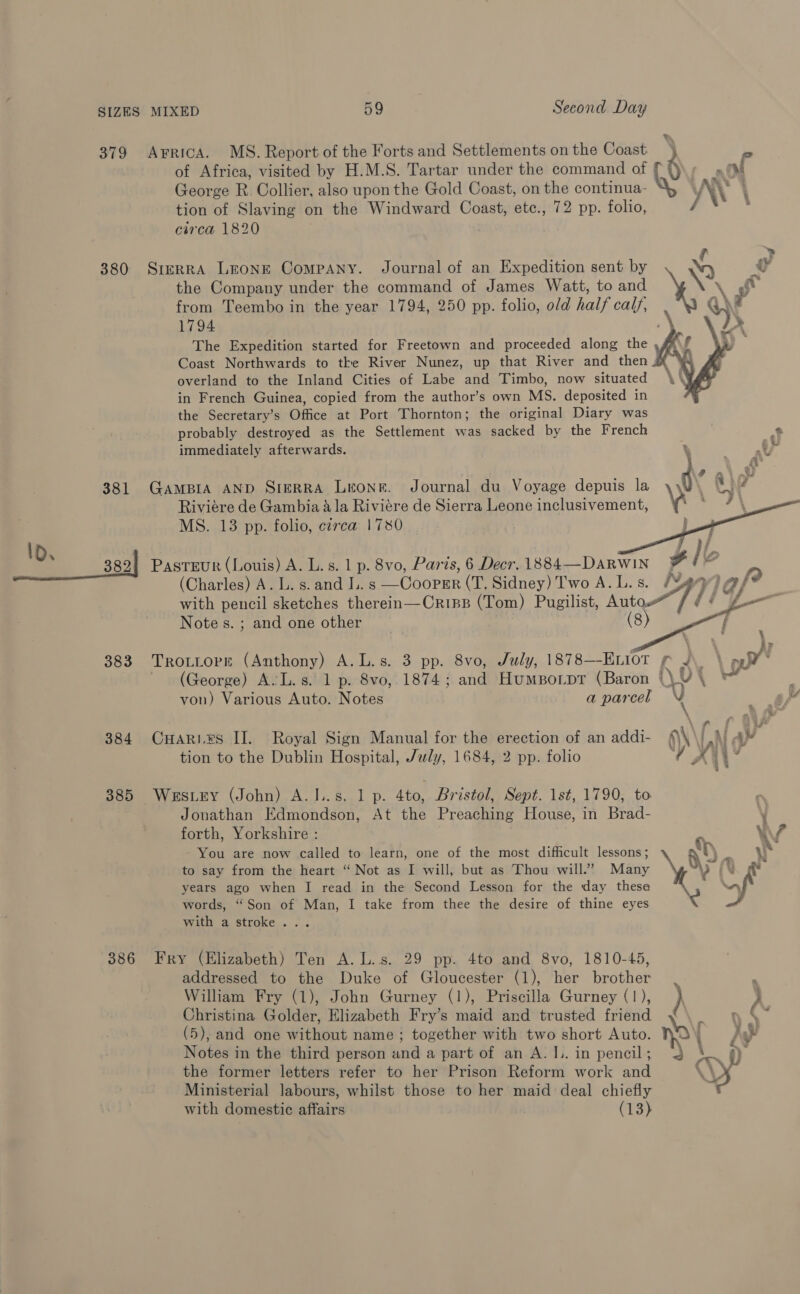 379 Arrica. MS. Report of the Forts and Settlements on the Coast of Africa, visited by H.M.S. Tartar under the command of 6 . al George R. Collier, also upon the Gold Coast, on the continua- a ’ tion of Slaving on the Windward Coast, ete., 72 pp. folio, circa 1820 380 Sierra Leone Company. Journal of an Expedition sent by the Company under the command of James Watt, to and from Teembo in the year 1794, 250 pp. folio, old half cals, 1794 The Expedition started for Freetown and proceeded along the | Coast Northwards to tke River Nunez, up that River and then, overland to the Inland Cities of Labe and Timbo, now situated in French Guinea, copied from the author’s own MS. deposited in the Secretary’s Office at Port Thornton; the original Diary was probably destroyed as the Settlement was sacked by the French x immediately afterwards. ’ p  e a) 381 GaAmBIA AND SrerRa Leone. Journal du Voyage depuis la d VAG Riviére de Gambia 4 la Riviére de Sierra Leone inclusivement, ¥ MS. 13 pp. folio, circa 1780 | ;     3821 Pasteur (Louis) A. L.s. 1 p. 8vo, Paris, 6 Decr. 1884—DARWIN i / a (Charles) A. L. s. and I. s —Cooper (T, Sidney) Two A.L.s. Nao g@/? with pencil sketches therein—Crips (Tom) Pugilist, Oe @ ¢ i — Note s. ; and one other (8) ; 383 Trottorr (Anthony) A.L.s. 3 pp. 8vo, July, 1878-—-ELiot f A \y (George) A. L.s. 1 p. 8vo,. 1874; and Humporpr (Baron i) J \ aad 4 te 2 Ty von) Various Auto. Notes Biavecl ) un ,, ats We 384 Caries II. Royal Sign Manual for the erection of an addi- \\ LN a tion to the Dublin Hospital, July, 1684, 2 pp. folio tin \ ’ 385 Wers.tey (John) A.I..s. 1 p. 4to, Bristol, Sept. 1st, 1790, to Jonathan Edmondson, At the Preaching House, in Brad- j forth, Yorkshire : V7 You are now called to learn, one of the most difficult lessons; ‘y ‘ to say from the heart ‘“ Not as I will, but as Thou will.” Many years ago when I read in the Second Lesson for the day these \y words, “Son of Man, I take from thee the desire of thine eyes C with a stroke... 386 Fry (Elizabeth) Ten A. L.s. 29 pp. 4to and 8vo, 1810-45, addressed to the Duke of Gloucester (1), her brother : William Fry (1), John Gurney (1), Priscilla Gurney (1), } Christina Golder, Elizabeth Fry’s maid and trusted friend (5), and one without name ; together with two short Auto. No H Notes in the third person and a part of an A. 1. in pencil ; hy the former letters refer to her Prison Reform work and WS Ministerial labours, whilst those to her maid deal chiefly with domestic affairs | (13)