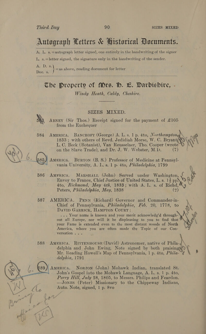 Autograph Letters &amp; Bistorical Documents. A. L. s.=autograph letter signed, one entirely in the handwriting of the signer  L. s.=letter signed, the signature only in the handwriting of the sender. Aas Lee Doc. s. = as above, reading document for letter  The Property of Ars. bh. L. Darbishire, - Windy Heath, Caldy, Cheshire. SIZES MIXED. ANY ABNEY (Sir Thos.) Receipt signed for the payment of £105 from the Exchequer   584 America. Bancorort (George) A. L.s. 1 p. 4to, Northamptony® 1833 ; with others of Revd. Jedidiah Morse, W. C. Bryant a L. C. etl (Botanist), Van Reusselaer, Tho. Cooper (wrote on the Slave Trade), and Dr. J. W. Webster, M.D. (7) C Nat i) 4 Ges) AMERICA. Burton (B. 8.) Professor of Medicine at Pennsyl- vania University, A. L. s. 1 p. 4to, Philadelphia, 1799 586 AmrricaA. Marsuarrt (John) Served under Washington, ( Ky Envoy to France, Chief Justice of United States, L.s. 14 nye i 4to, Richmond, “May Ath 1838; with vA MLS sof Richd 54 Peters, Philadelphia, May, 1838 (2) 587 AMERICA. PrEnn (Richard) Governor and Commander-in- \ Chief of Pennsylvania, Philadelphia, Feb. 20, 1778, to I\ DaviD GARRICK, HAMPTON COURT: VC . Your name is known and your merit acknowledg’d through- out all Europe, nor will it be displeasing to you to find that your Fame is extended even to the most distant woods of North America, where you are often made tke Topic of our Con- versation...    588 America. RItTENHOUSE (David) Astronomer, native of teh delphia and John Ewing, Note signed by both praisinga‘) Mr. Reading Howell’s Map of Pennsylvania, 1 p. 4to, Pay delphia, 1791 / 89) America. Norron (John) Mohawk Indian, translated St. ; pst John’s Gospel iuto the Mohawk Language, A. L. s. 1 p. 4to,  Perry Hill, July 28, 1805, to Messrs. Philips and Feardon. | —Joners (Peter) Missionary to the Chippeway Indians, lA 2 Auto. Note, signed, 1 p. 8vo 